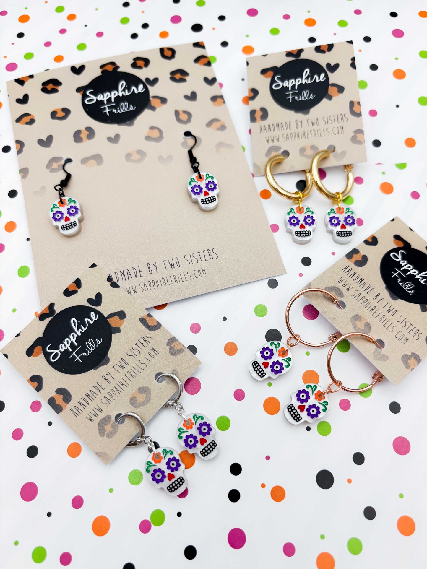 Small Halloween Rainbow Sugar Skull Dangle Earrings