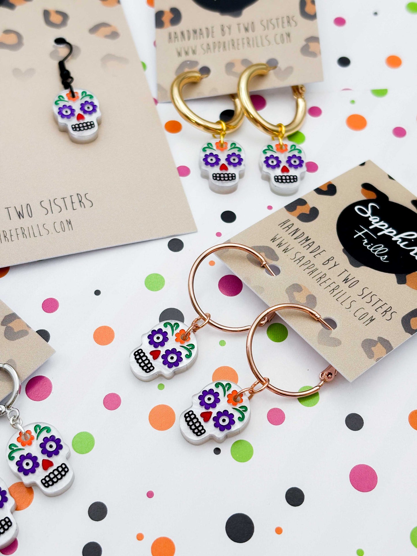 Small Halloween Rainbow Sugar Skull Dangle Earrings
