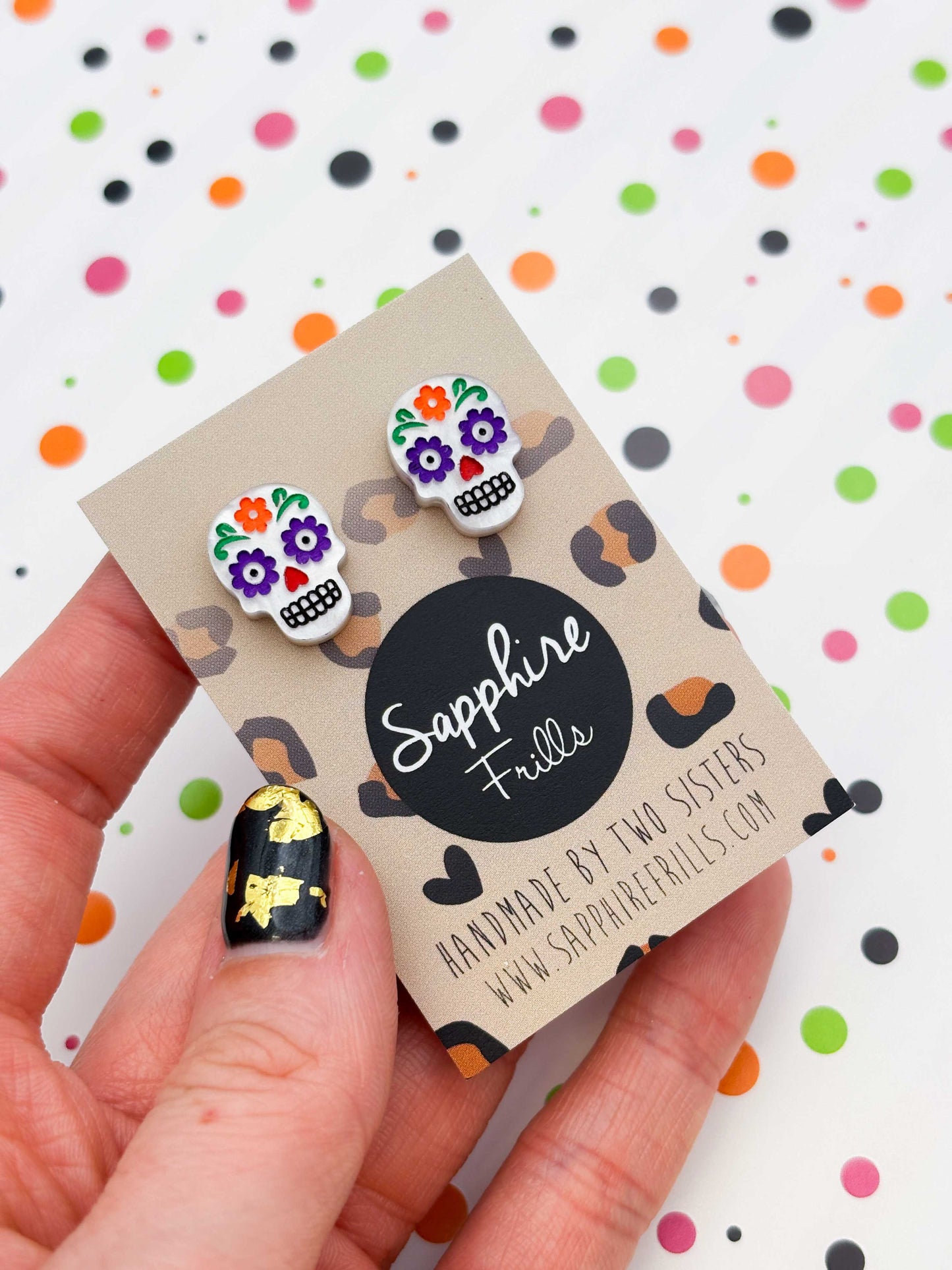 Small Halloween Rainbow Sugar Skull Studs