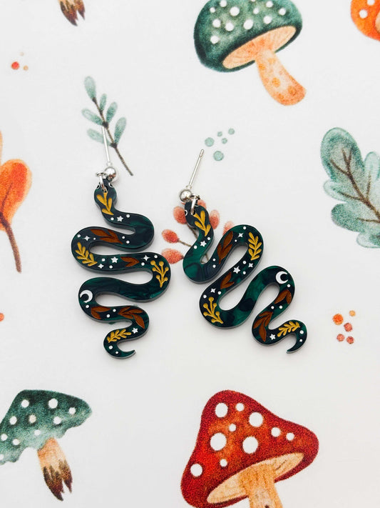 Large Green Whimsical Snake Dangle Earrings or Necklace – Hypoallergenic Stainless Steel