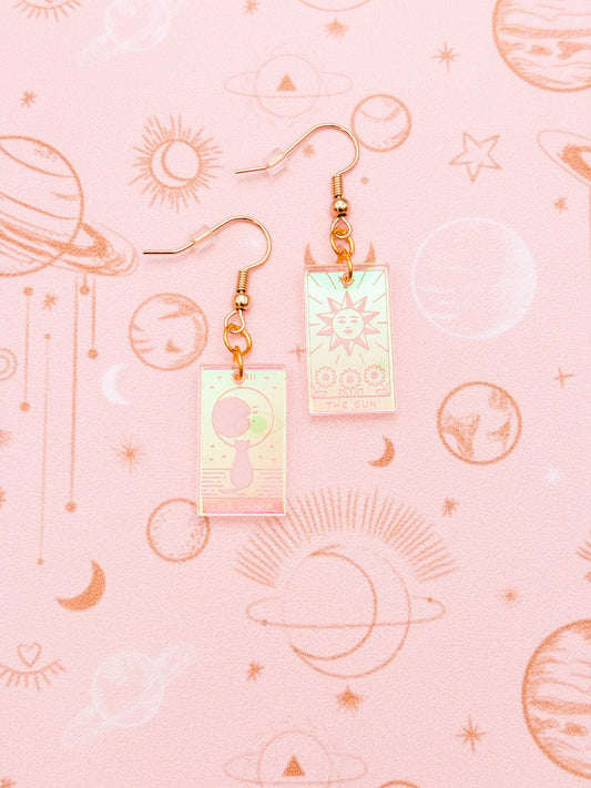 Medium Iridescent Pink Acrylic Tarot Card Dangle Earrings or Necklace – Hypoallergenic Stainless Steel