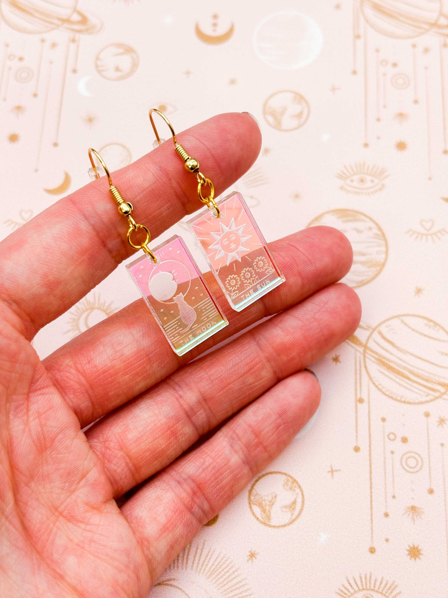 Medium Iridescent Pink Acrylic Tarot Card Dangle Earrings or Necklace – Hypoallergenic Stainless Steel