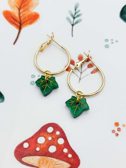Mini Emerald Marble Ivy Leaf Dangle Earrings or Necklace – Hypoallergenic Stainless Steel