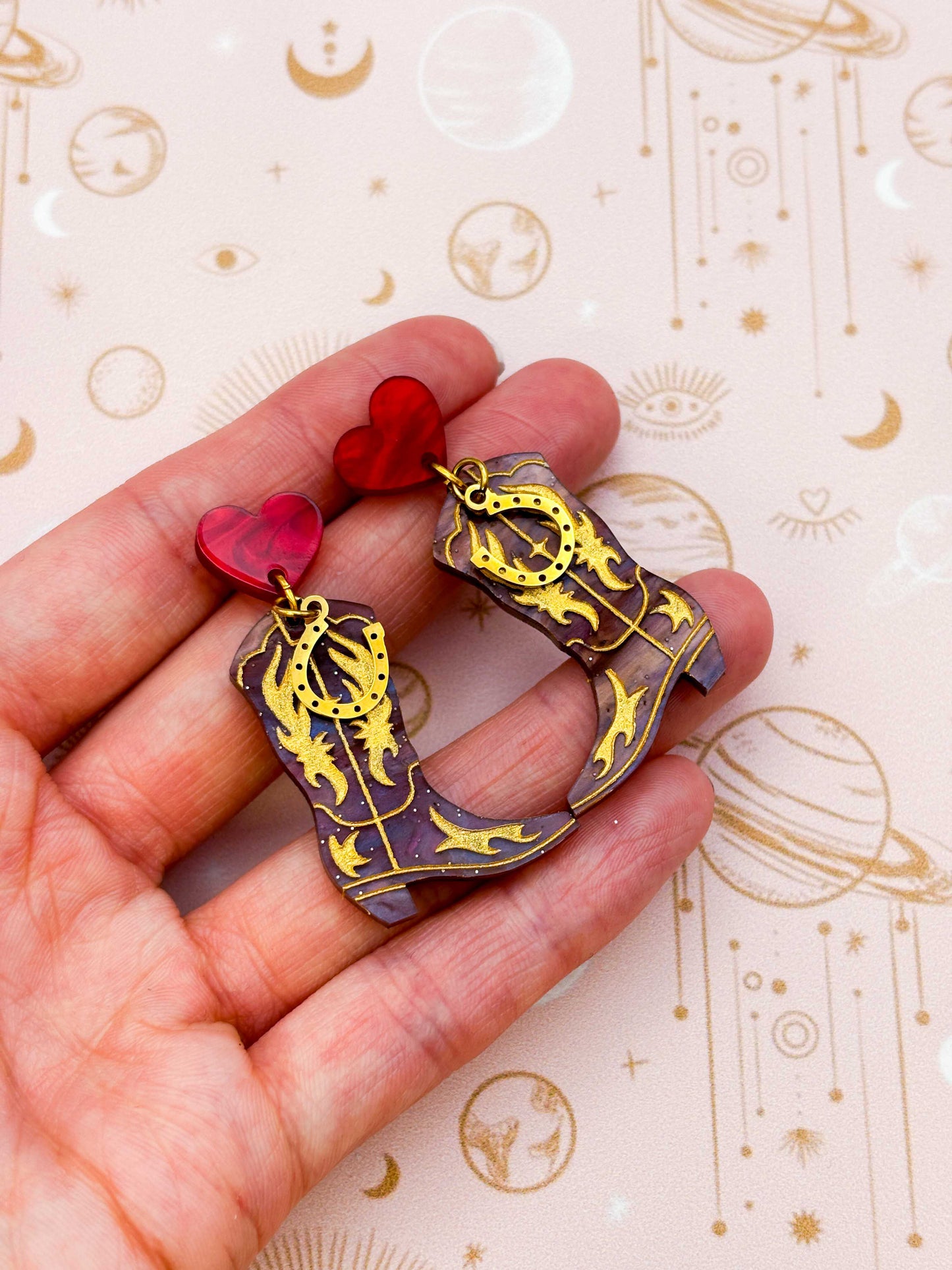 Deep Red and Brown Glitter Marble Heart and Cowboy Boots Dangle Earrings – Hypoallergenic Stainless Steel