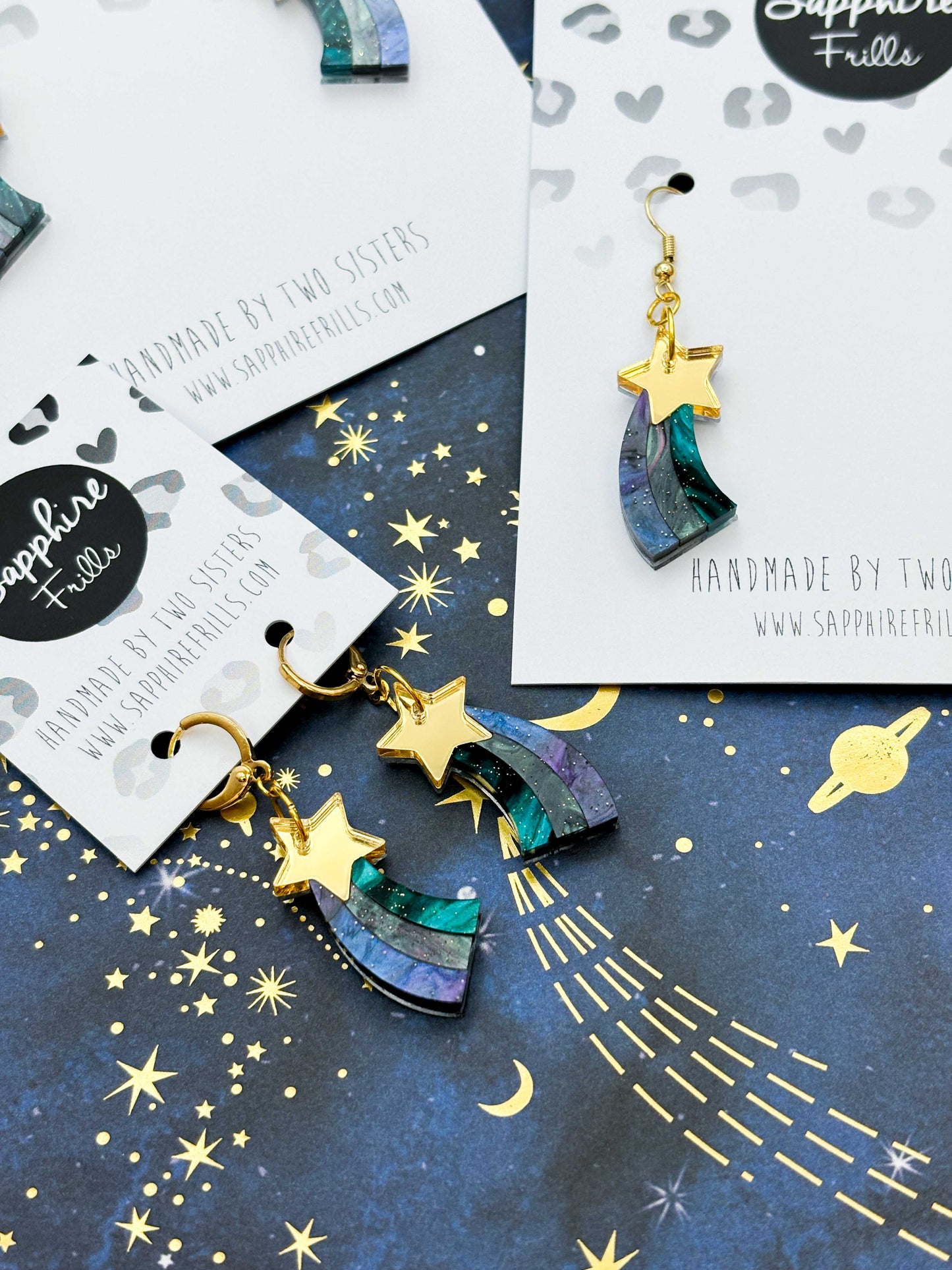 Medium Gold and Night Sky Marble Acrylic Shooting Star Dangle Earrings