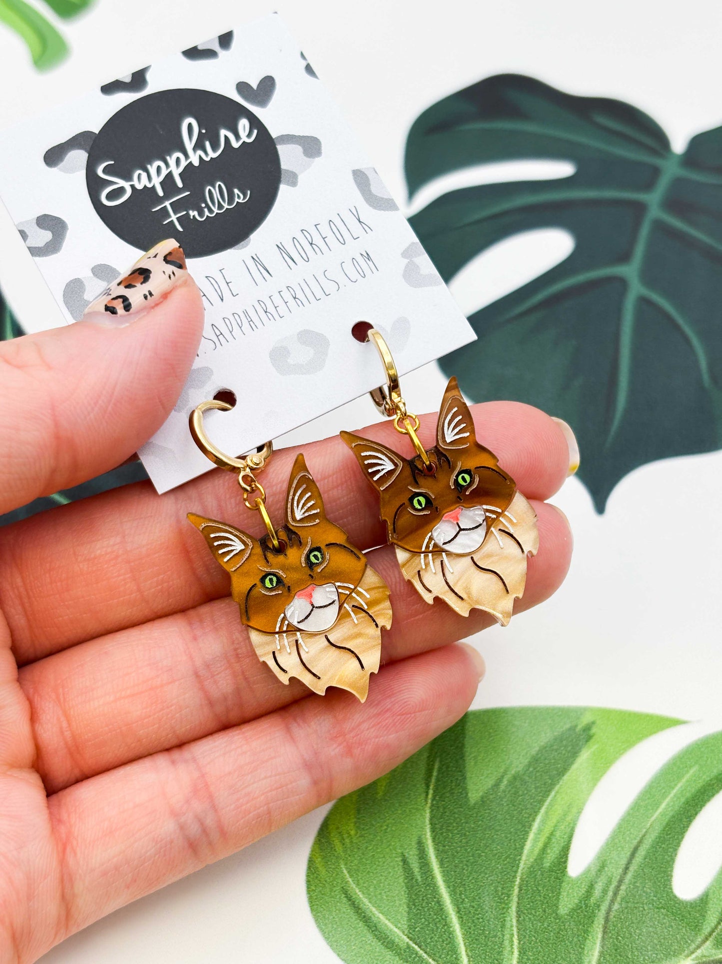 Large Maine Coon Cat Dangle Earrings or Necklace – Hypoallergenic Stainless Steel
