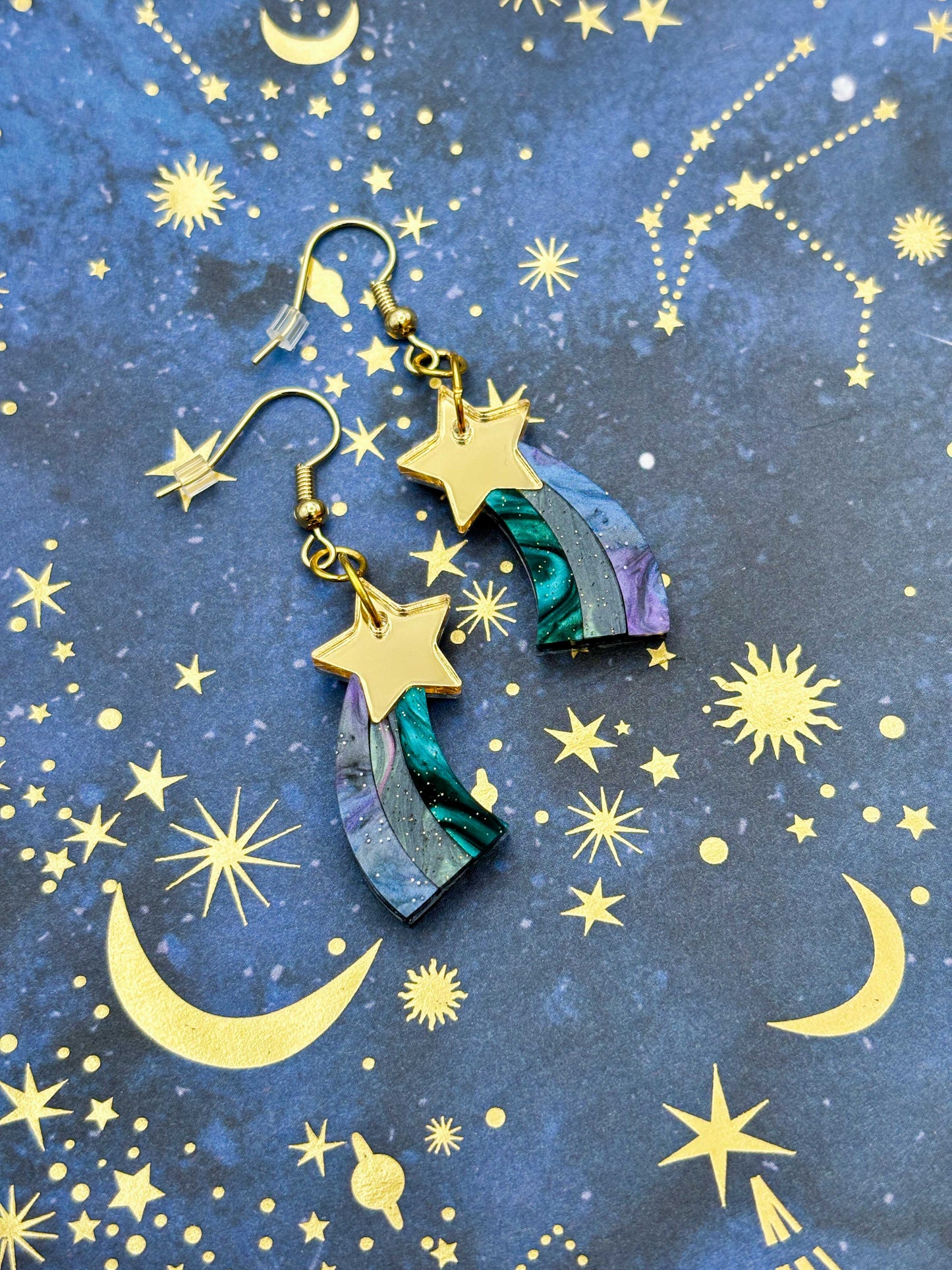 Medium Gold and Night Sky Marble Acrylic Shooting Star Dangle Earrings