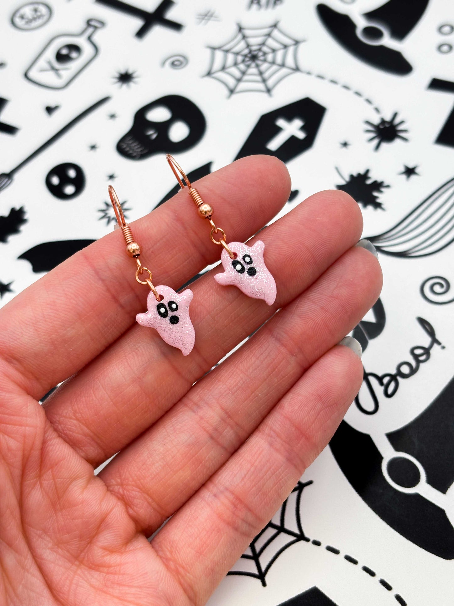 Mini Pink Glitter Clay Ghost Earrings