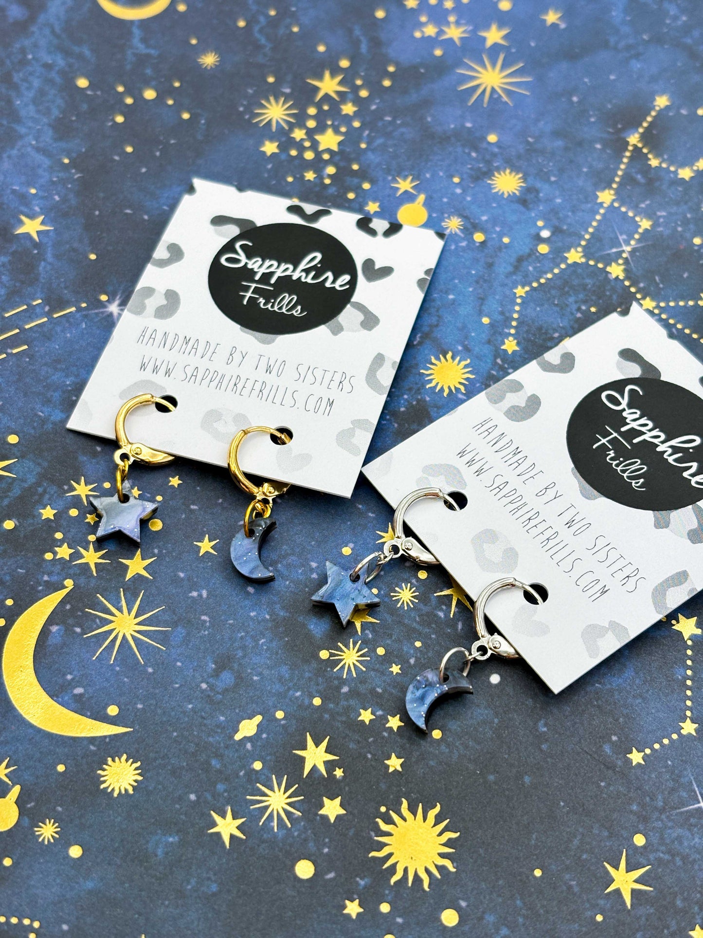 Mini Navy Night Sky Marble Acrylic Mismatch Star and Moon Dangle Earrings