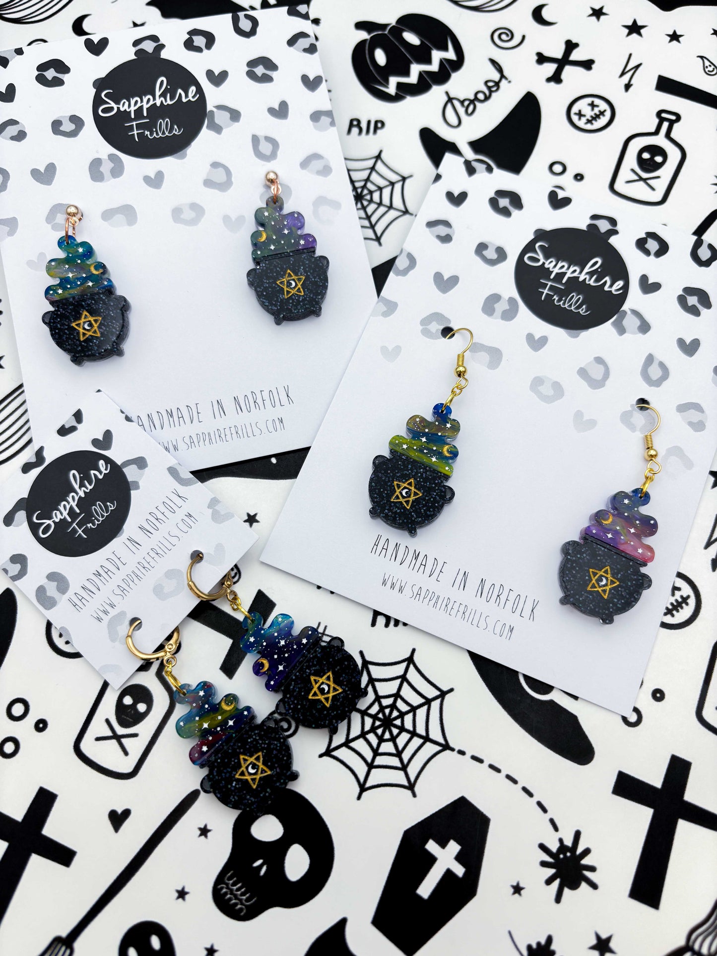 Large Dark Rainbow Marble Pentagon Steaming Cauldron Dangle Earrings