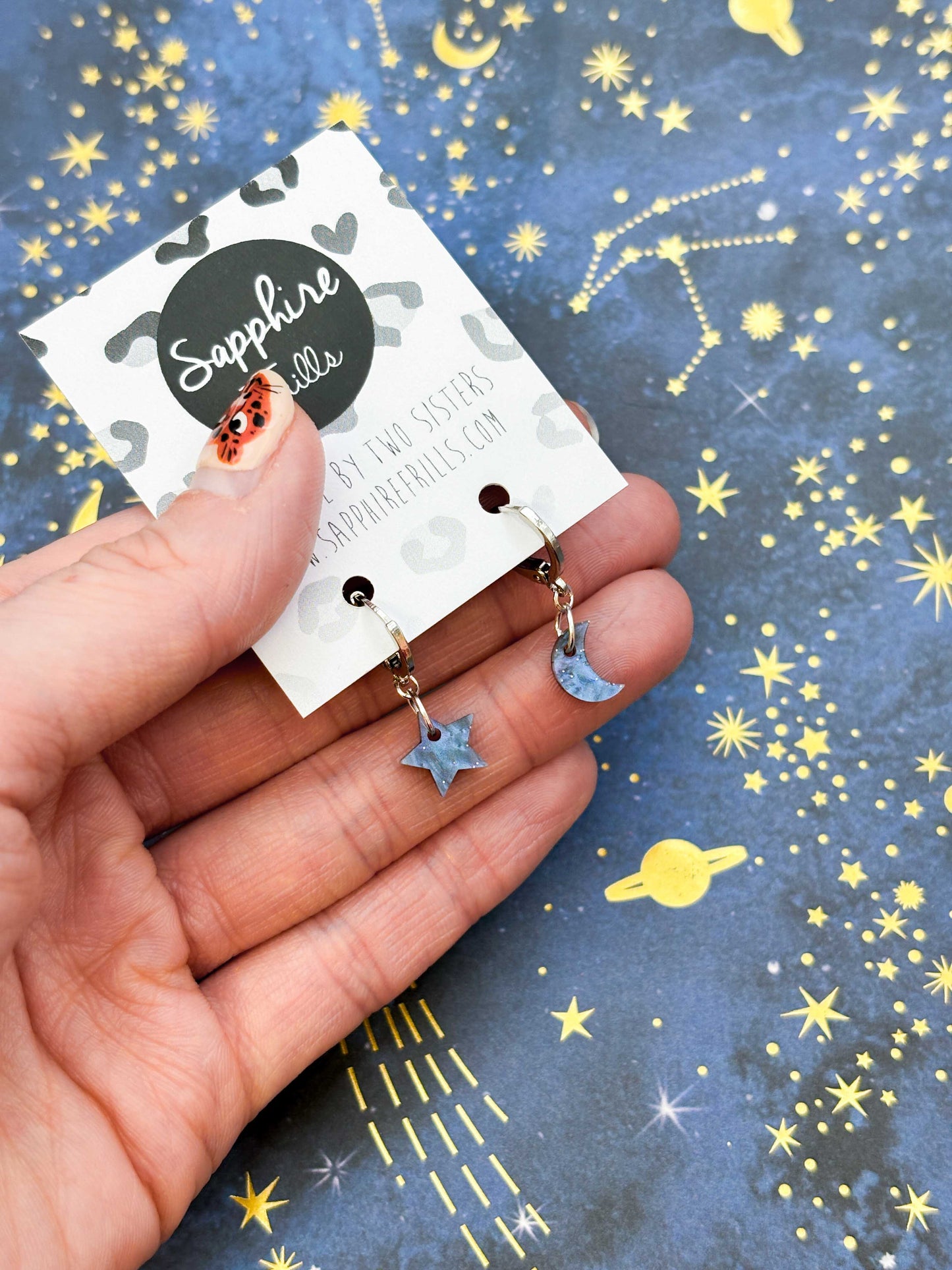 Mini Navy Night Sky Marble Acrylic Mismatch Star and Moon Dangle Earrings