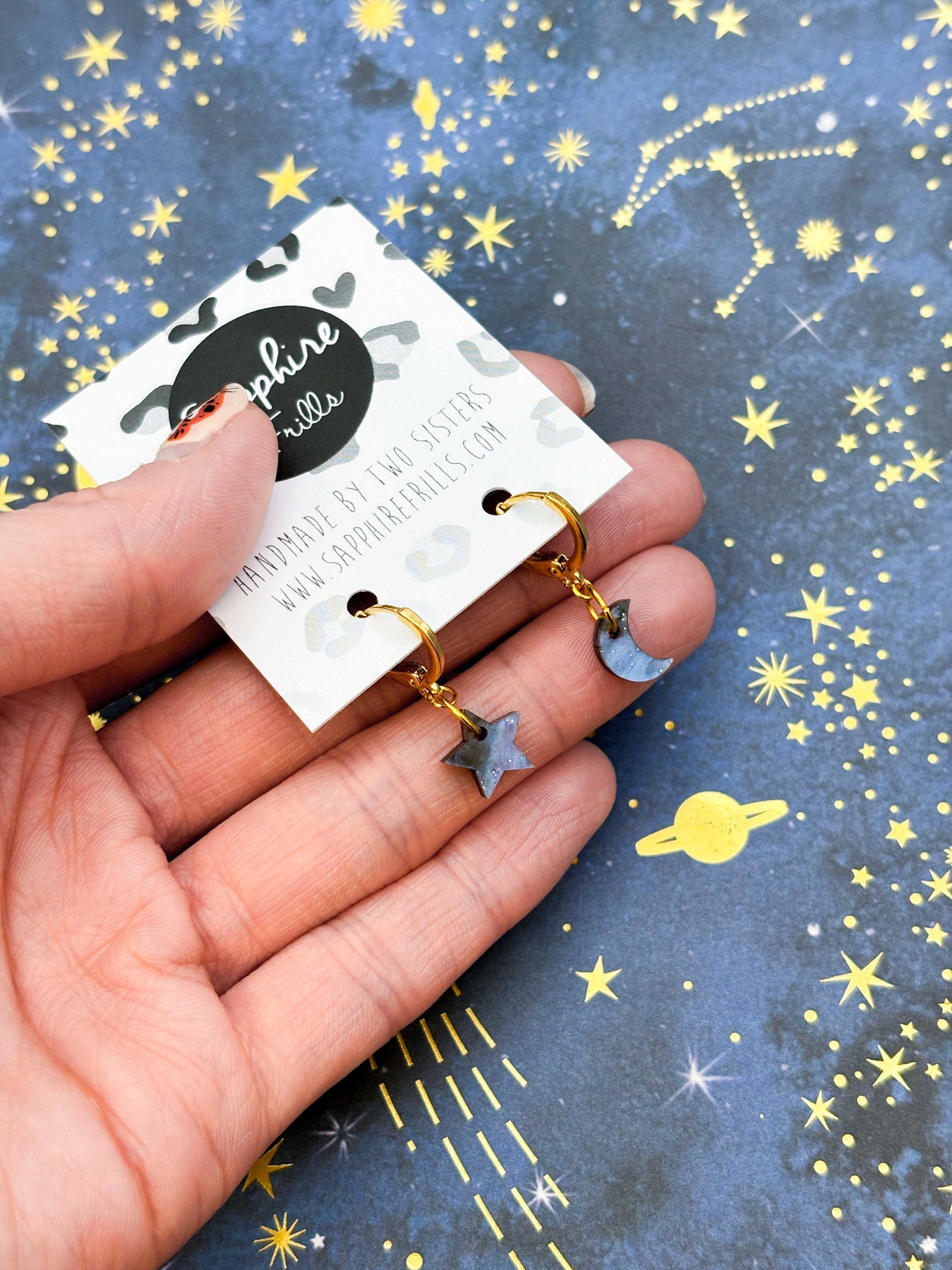 Mini Navy Night Sky Marble Acrylic Mismatch Star and Moon Dangle Earrings
