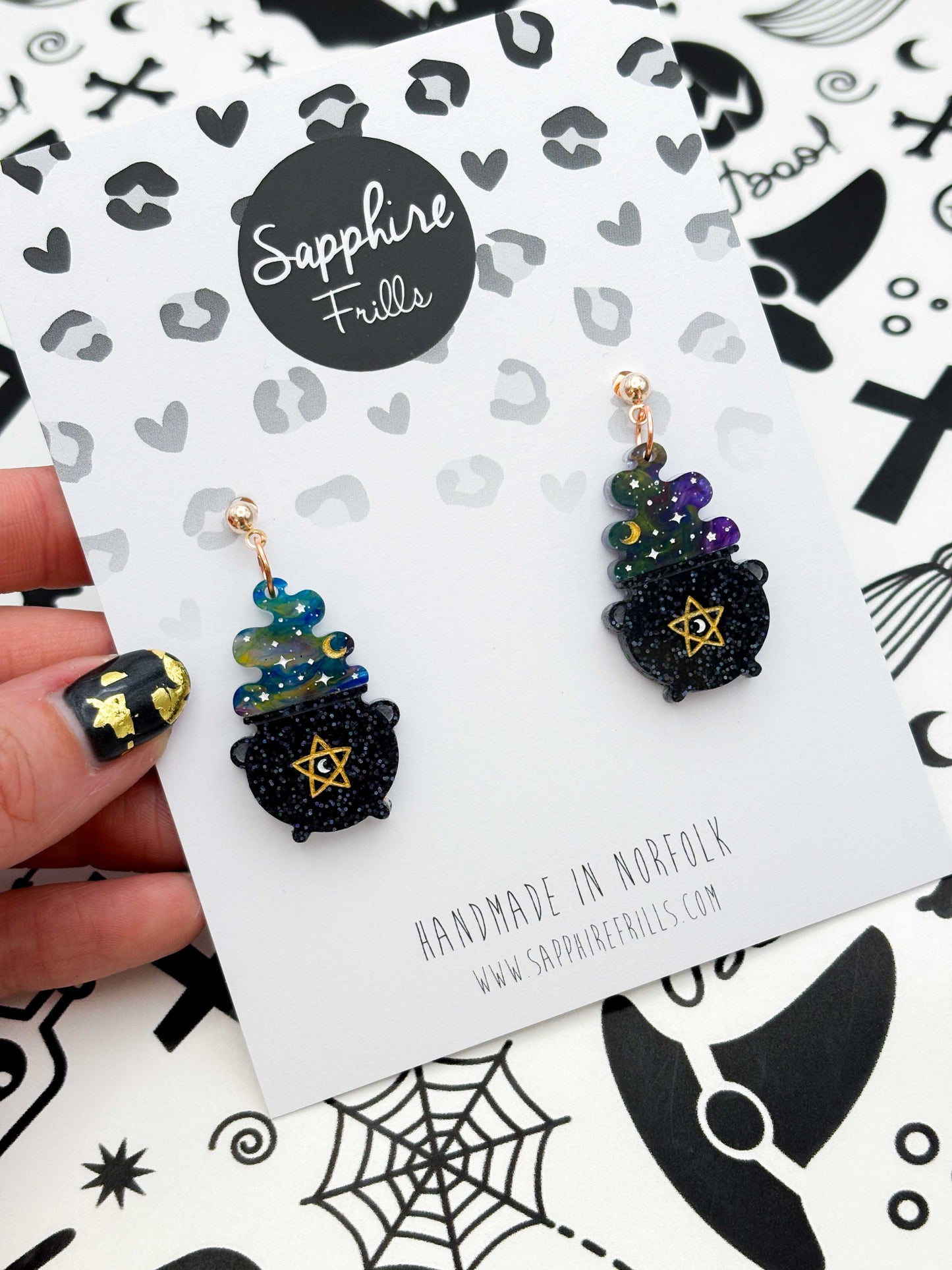 Large Dark Rainbow Marble Pentagon Steaming Cauldron Dangle Earrings