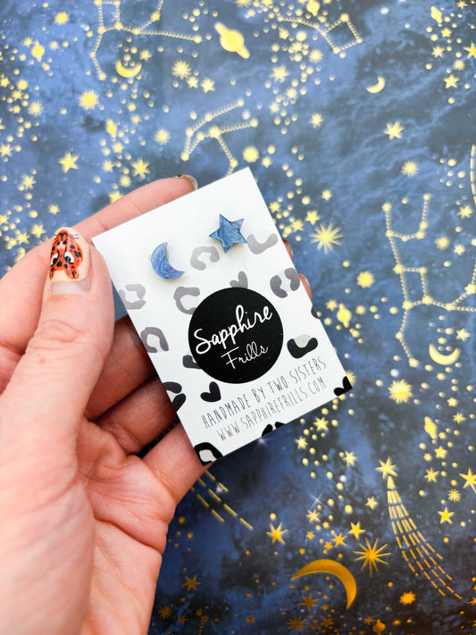 Mini Navy Night Sky Marble Acrylic Mismatch Star and Moon Stud Earrings – Hypoallergenic Stainless Steel