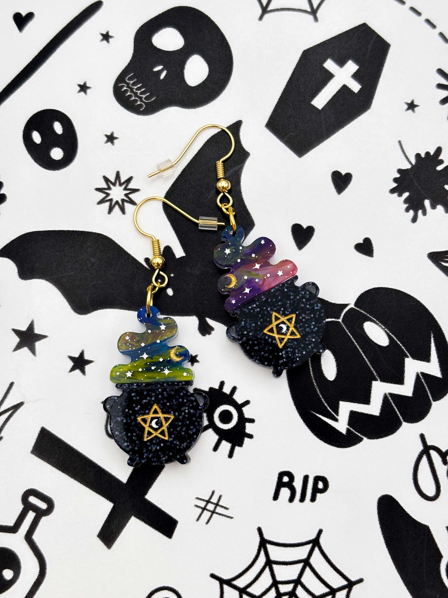 Large Dark Rainbow Marble Pentagon Steaming Cauldron Dangle Earrings