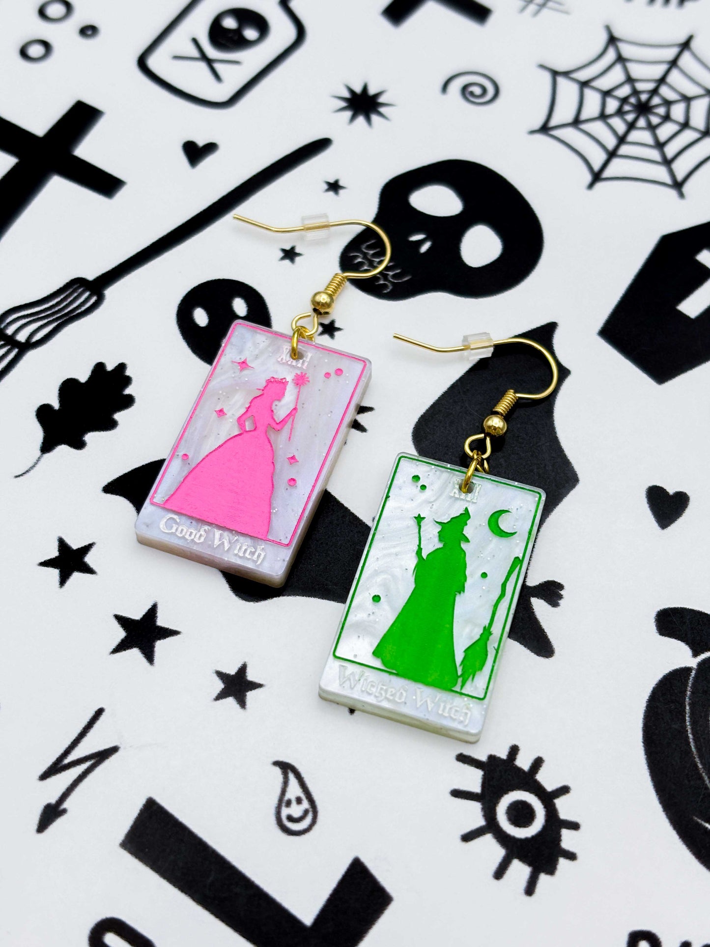 Large 'Good Witch' and 'Wicked Witch' Mismatch Tarot Cards Dangle Earrings