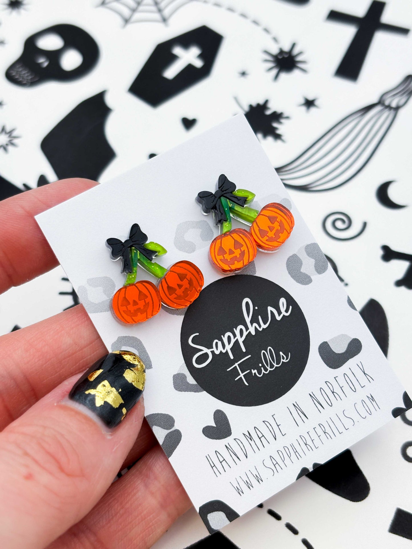 Small Pumpkin Cherries with Black Bow Stud Earrings