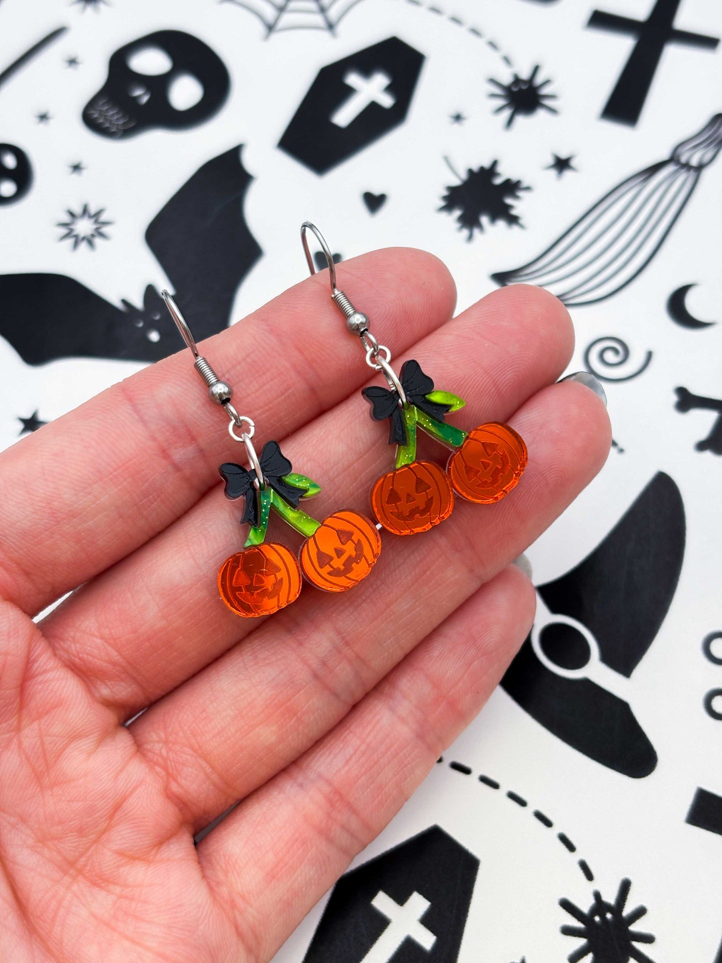 Medium Pumpkin Cherries with Black Bow Dangle Earrings