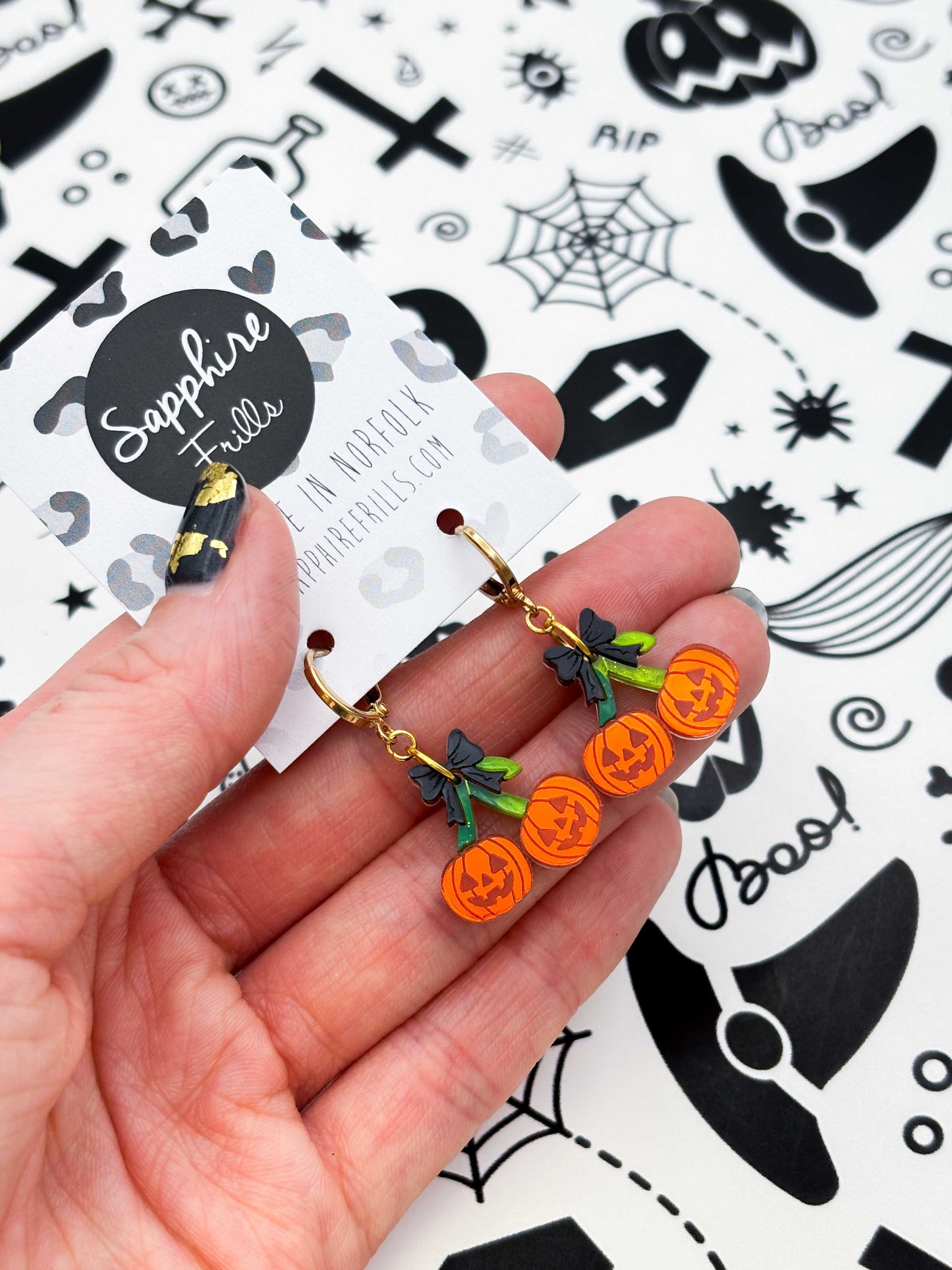 Medium Pumpkin Cherries with Black Bow Dangle Earrings