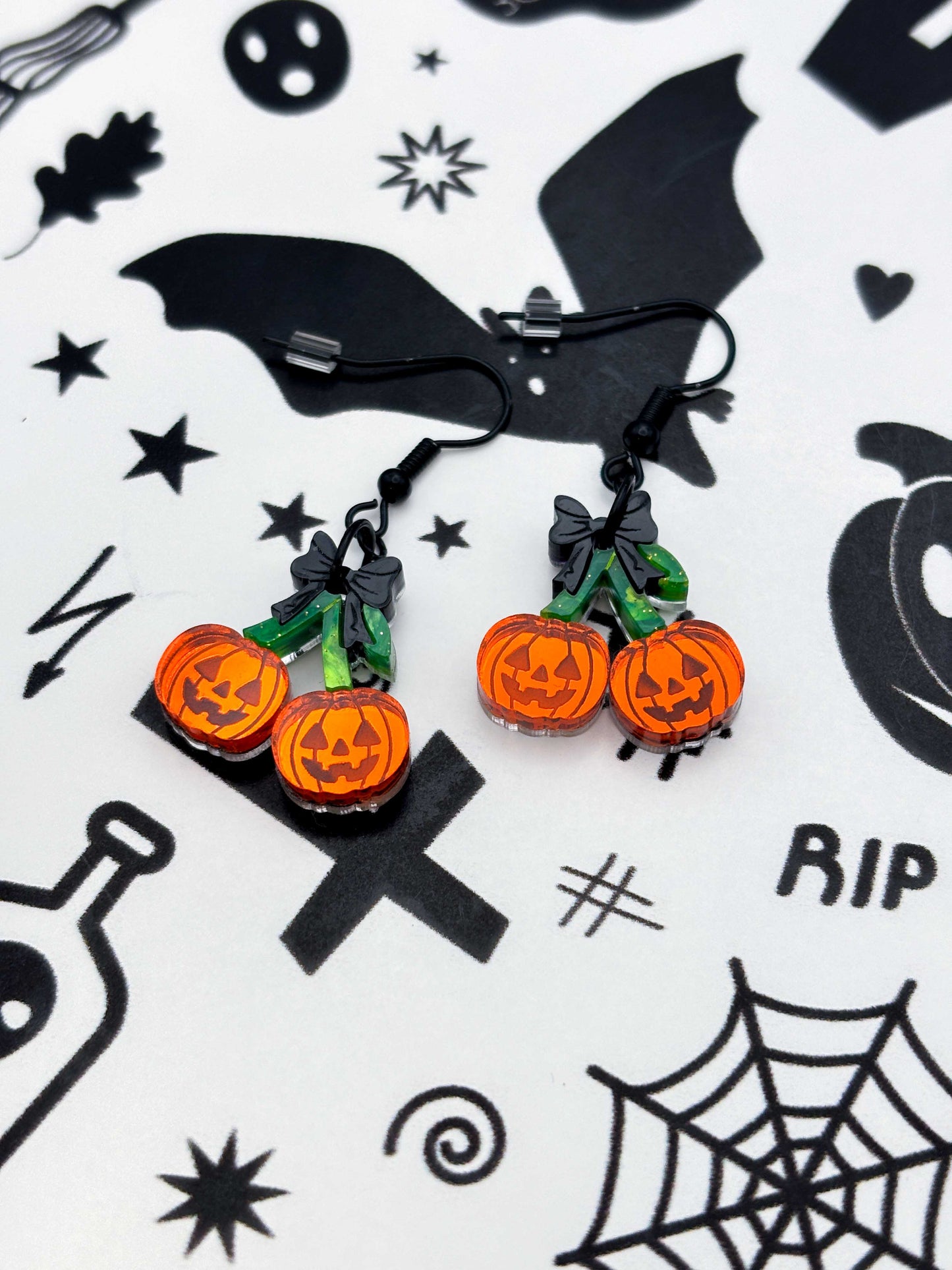 Medium Pumpkin Cherries with Black Bow Dangle Earrings