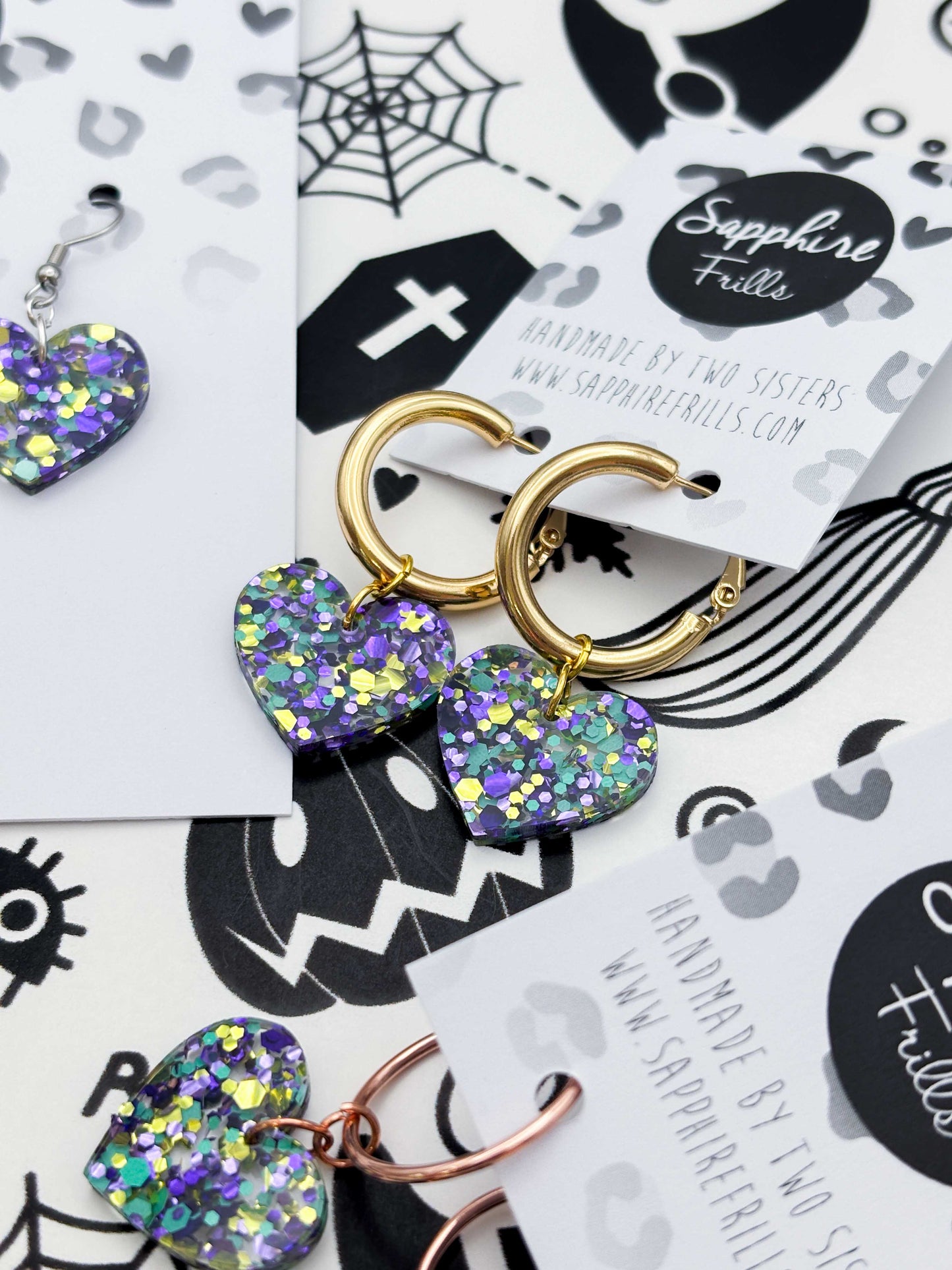 Medium Spellbound Hexagon Glitter Acrylic Heart Dangle Earrings