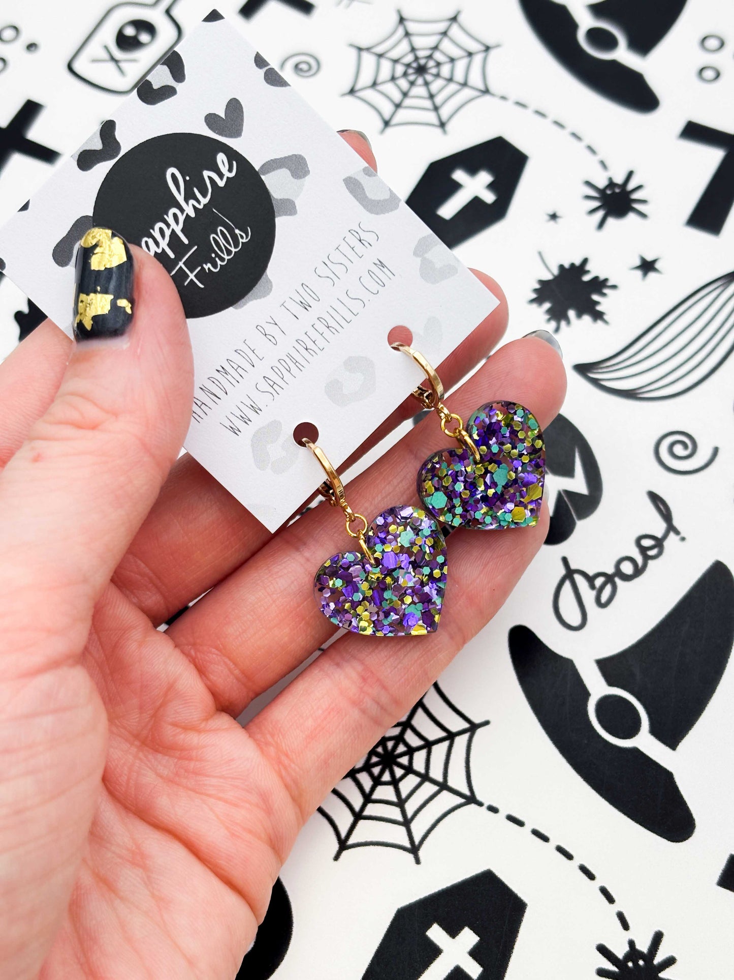 Medium Spellbound Hexagon Glitter Acrylic Heart Dangle Earrings