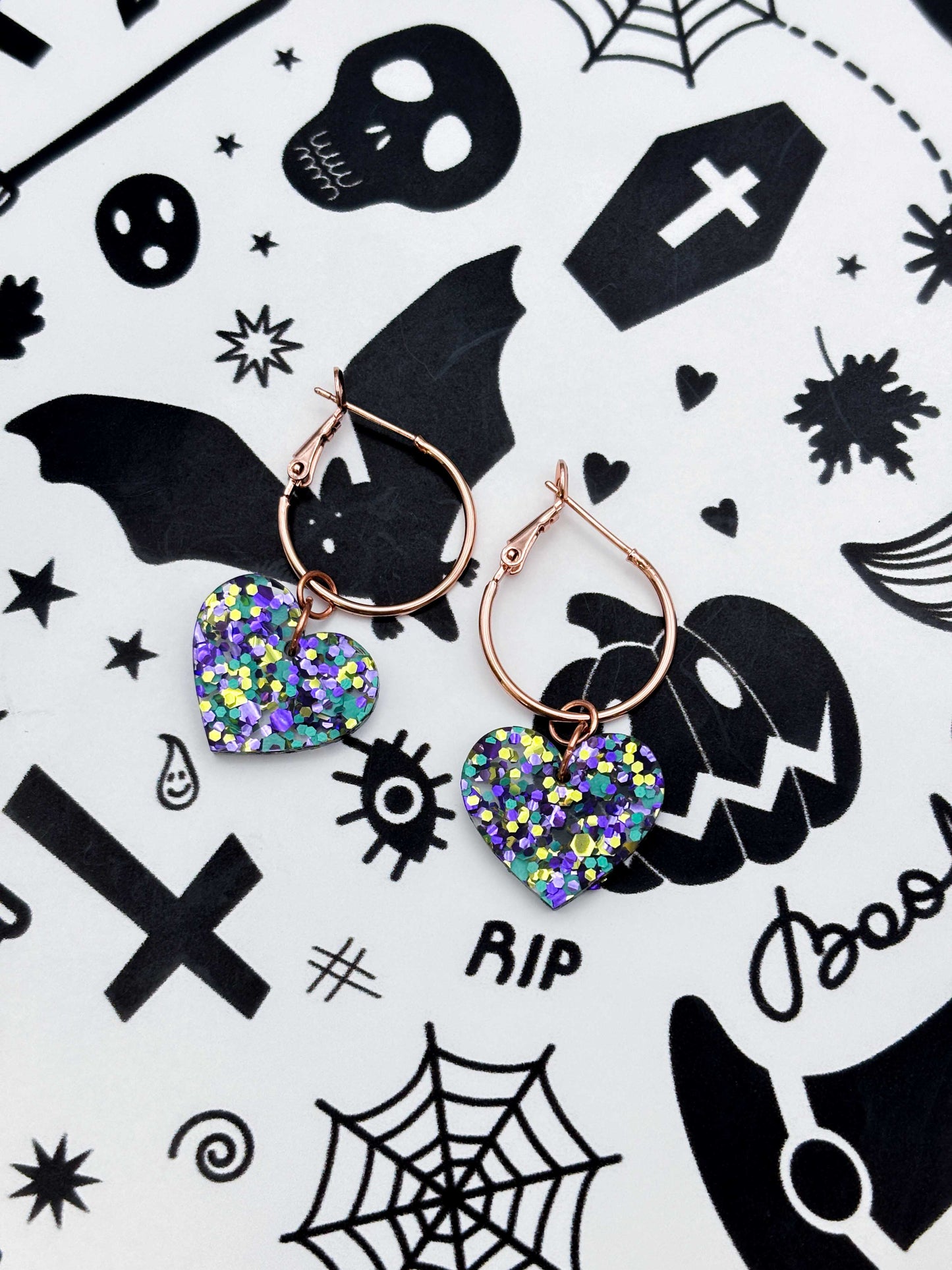 Medium Spellbound Hexagon Glitter Acrylic Heart Dangle Earrings