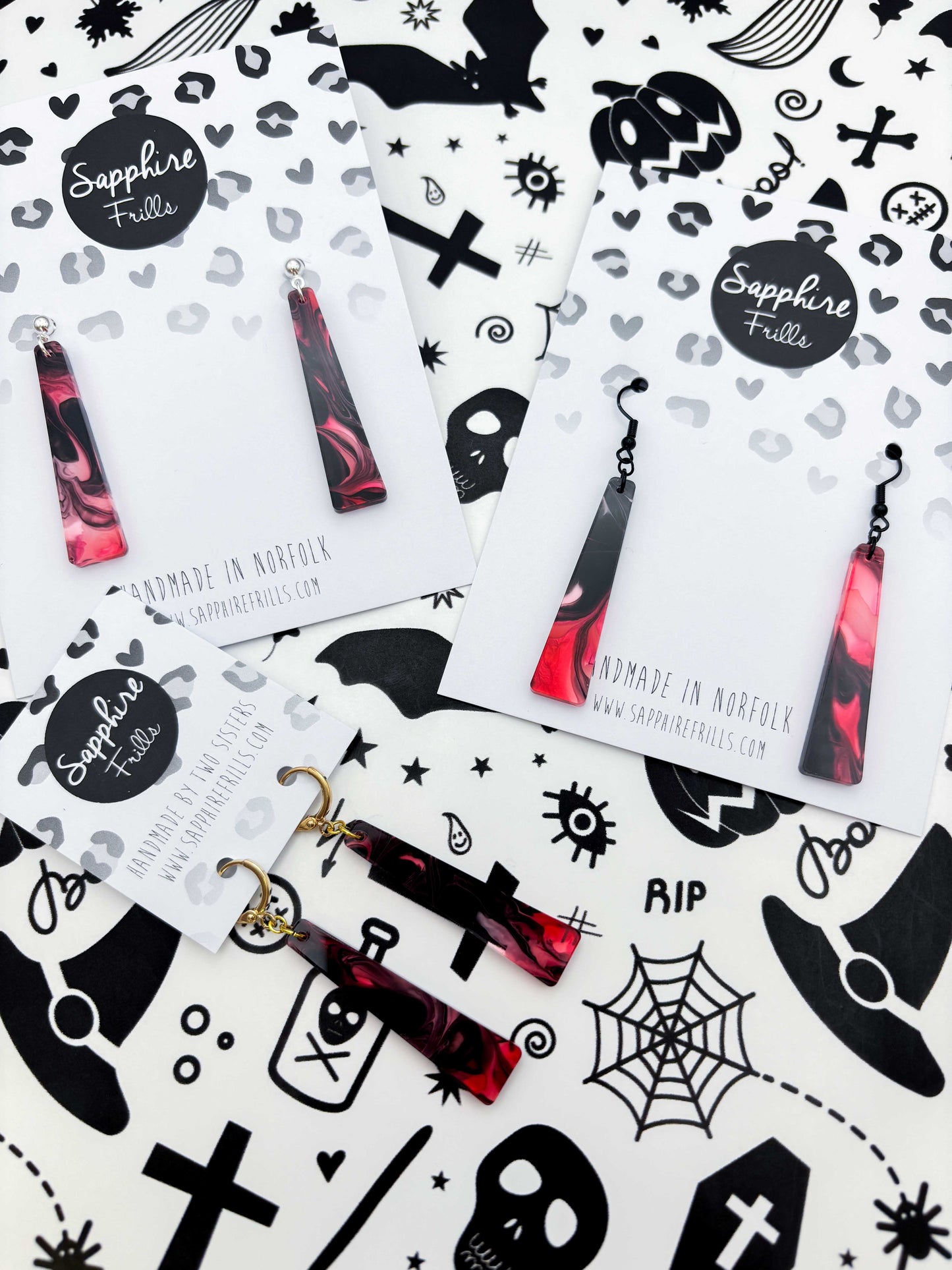 Large Pink and Black Marble Ink Trapeze Dangle Earrings