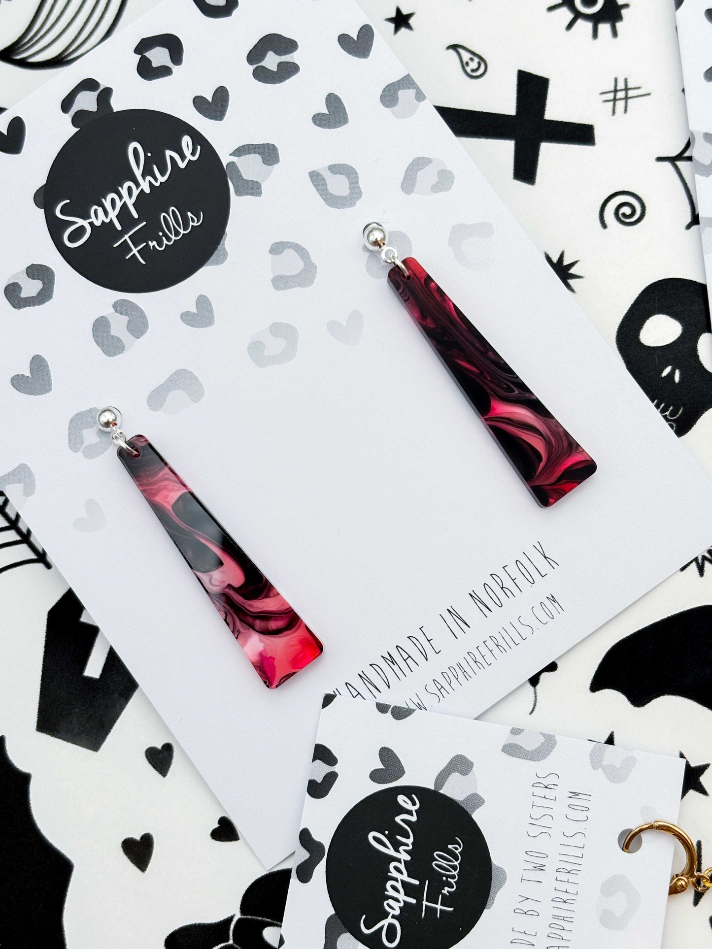 Large Pink and Black Marble Ink Trapeze Dangle Earrings