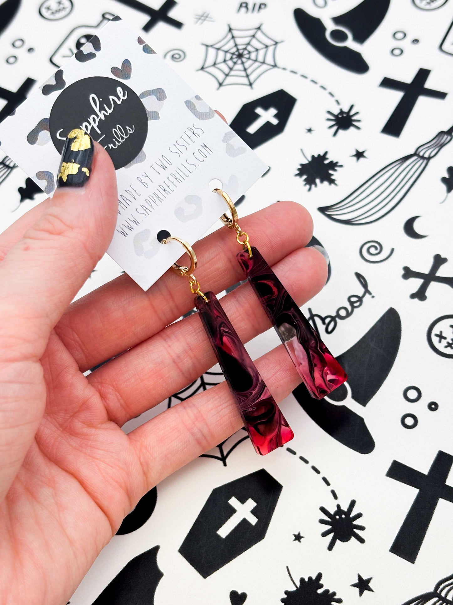 Large Pink and Black Marble Ink Trapeze Dangle Earrings