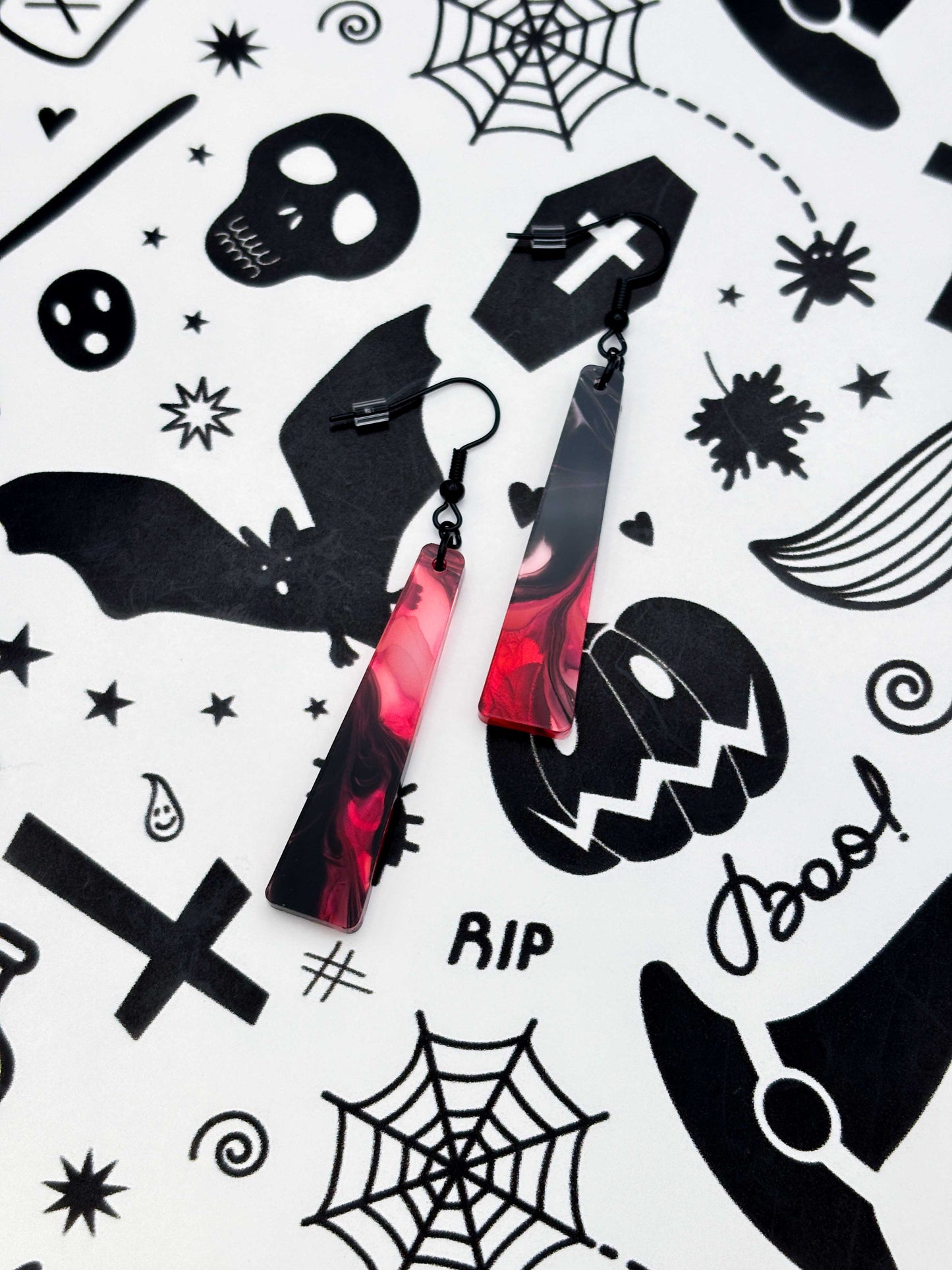 Large Pink and Black Marble Ink Trapeze Dangle Earrings