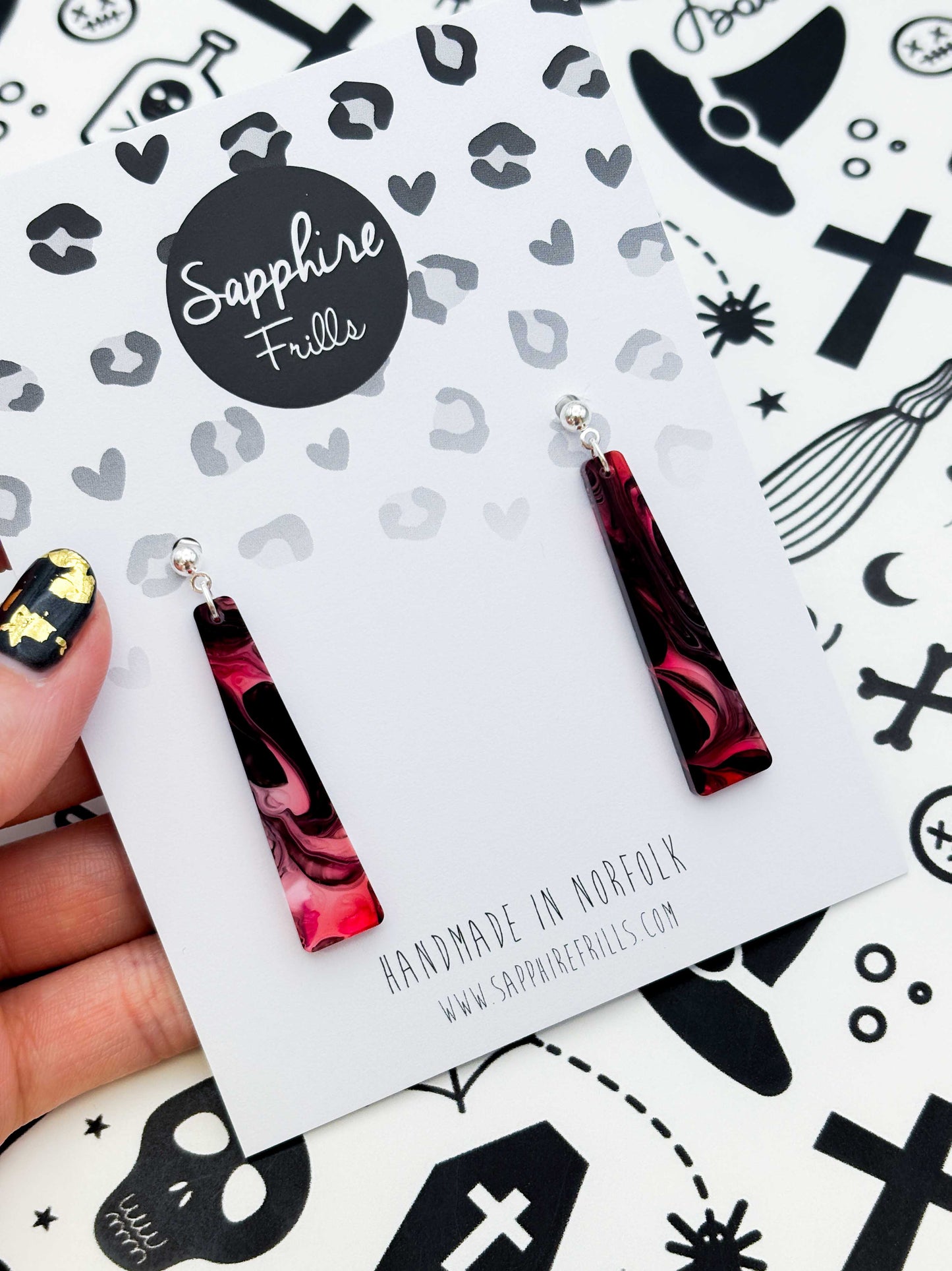 Large Pink and Black Marble Ink Trapeze Dangle Earrings