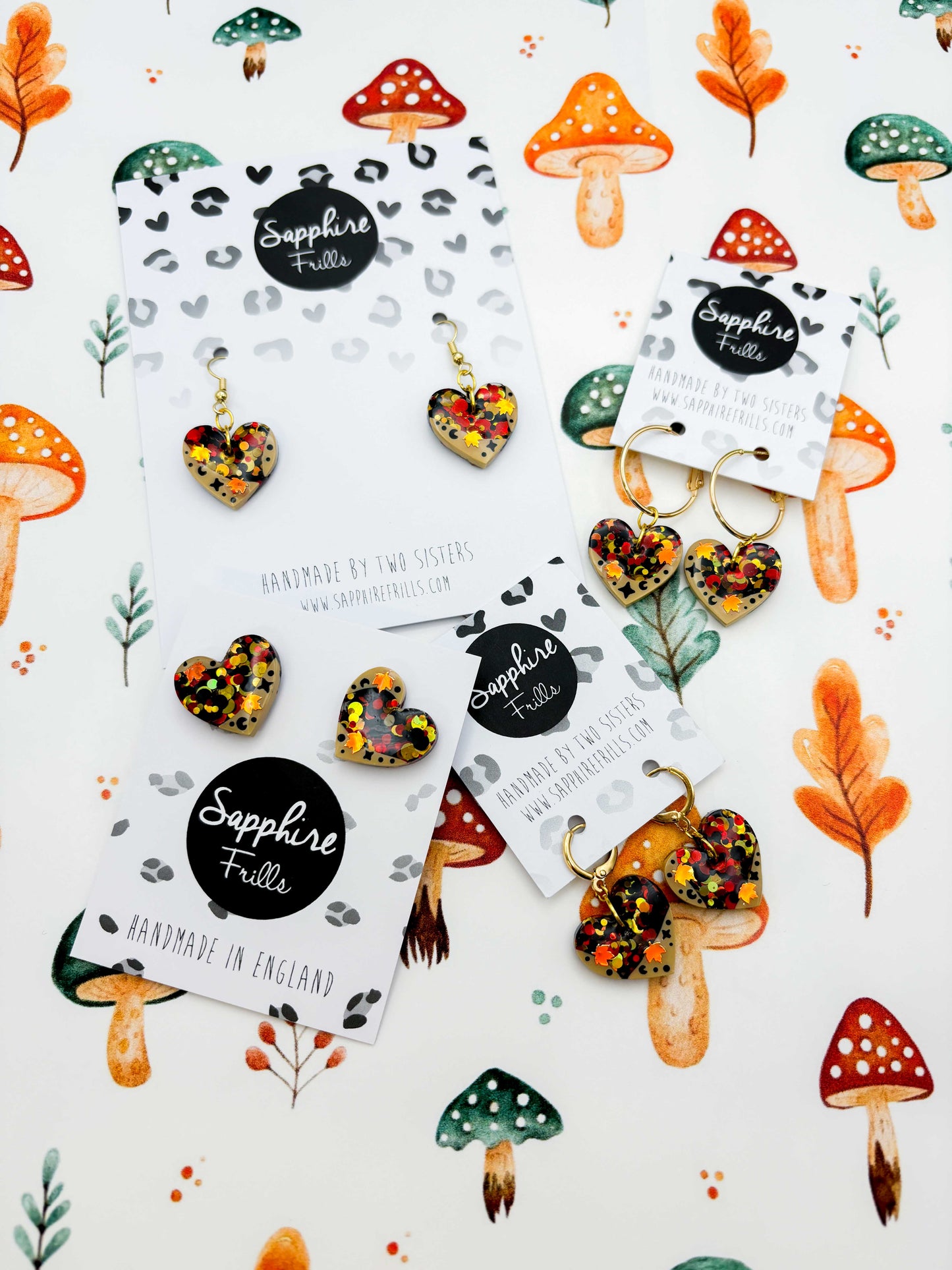 Medium Autumnal Glitter Maple Leaf Resin Medium Heart Earrings