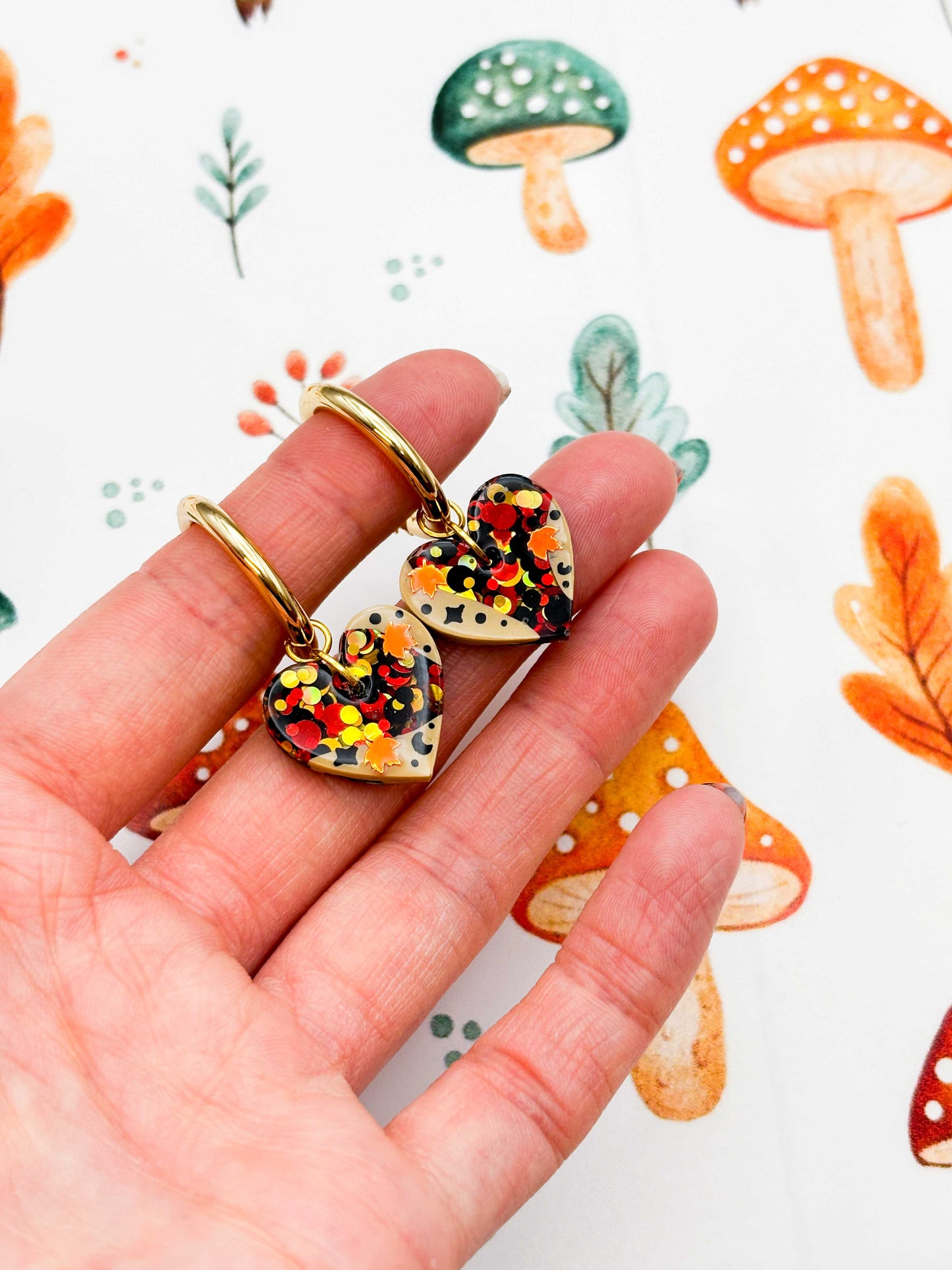 Medium Autumnal Glitter Maple Leaf Resin Medium Heart Earrings