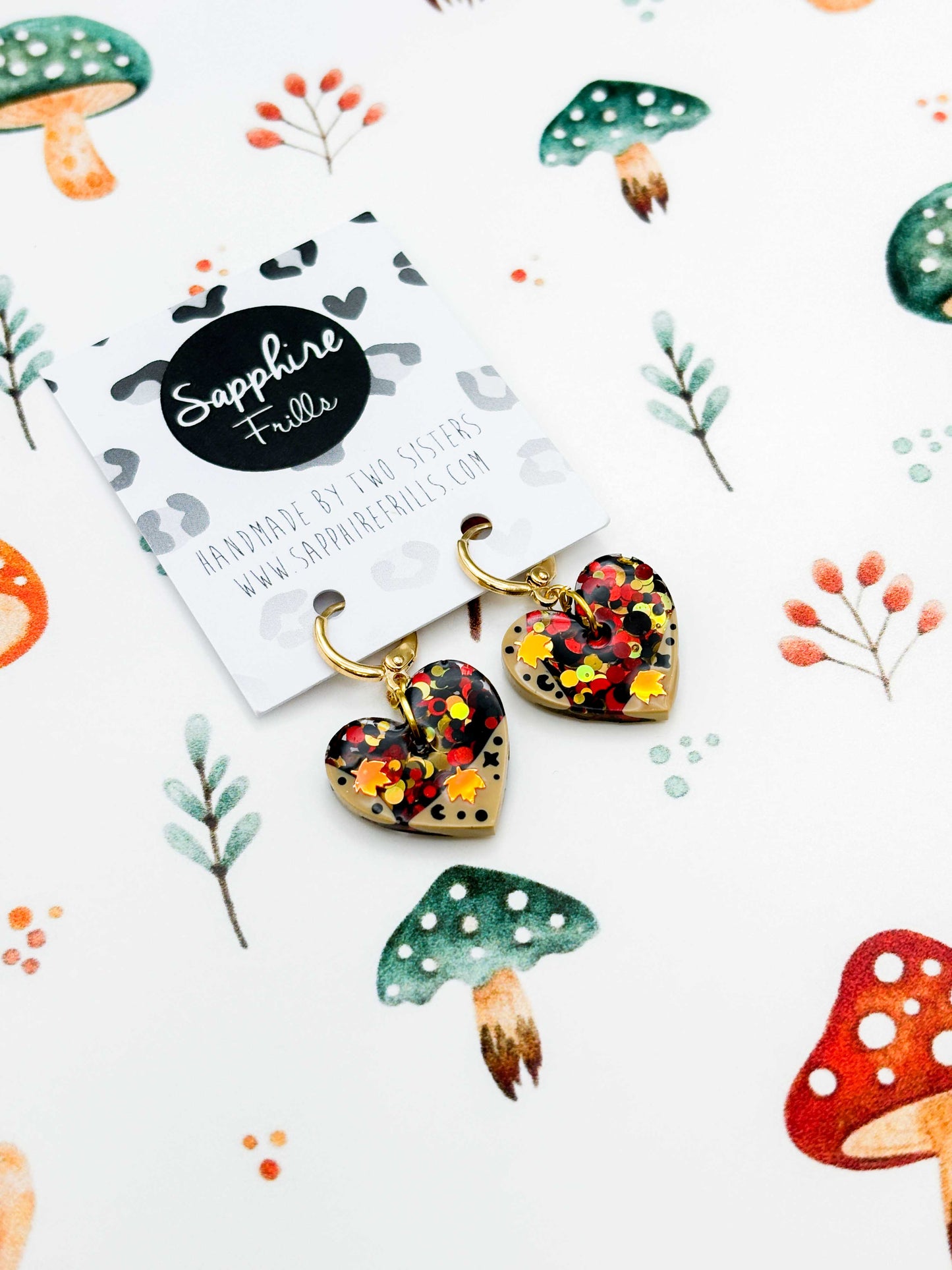 Medium Autumnal Glitter Maple Leaf Resin Medium Heart Earrings