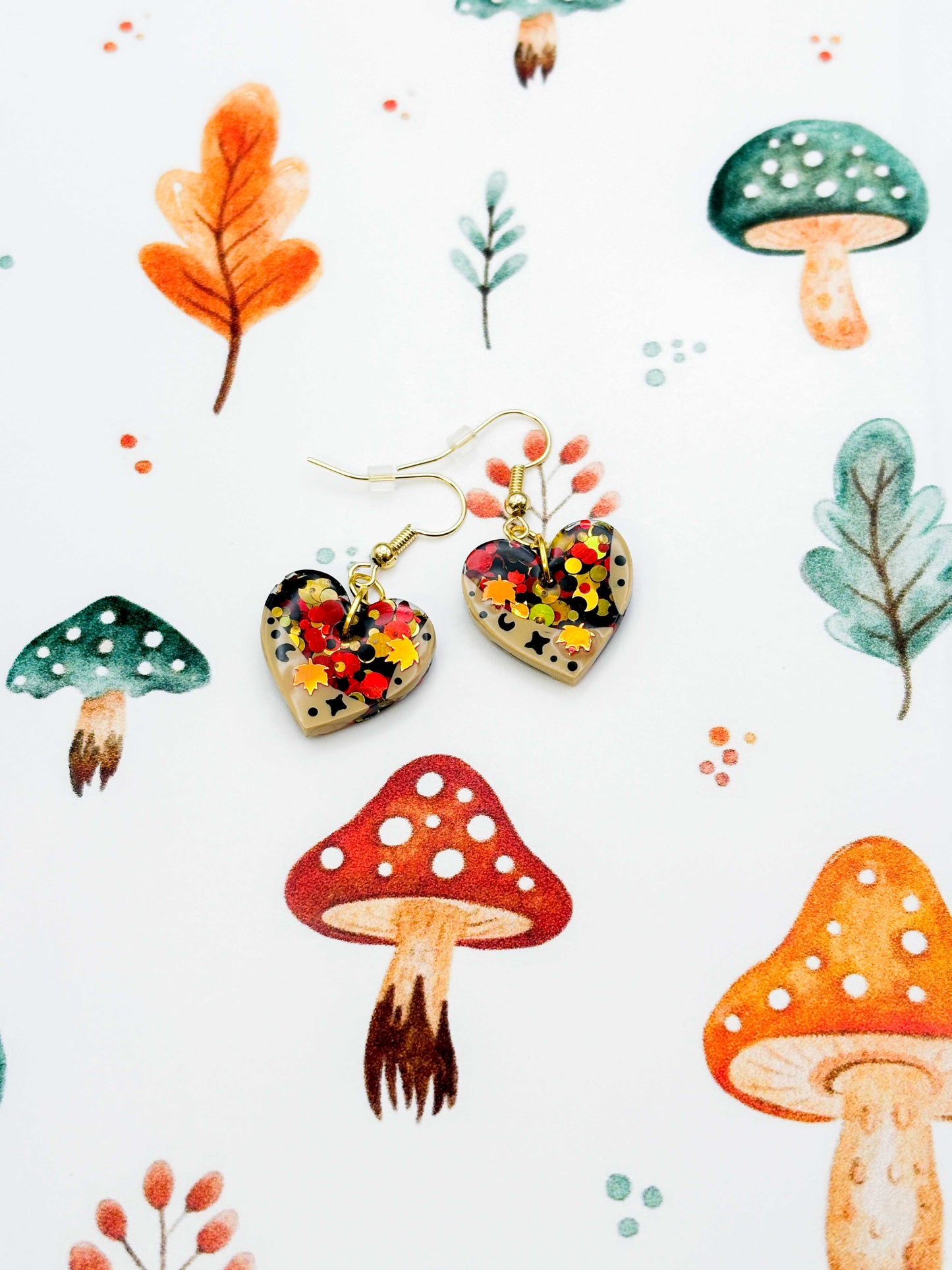 Medium Autumnal Glitter Maple Leaf Resin Medium Heart Earrings