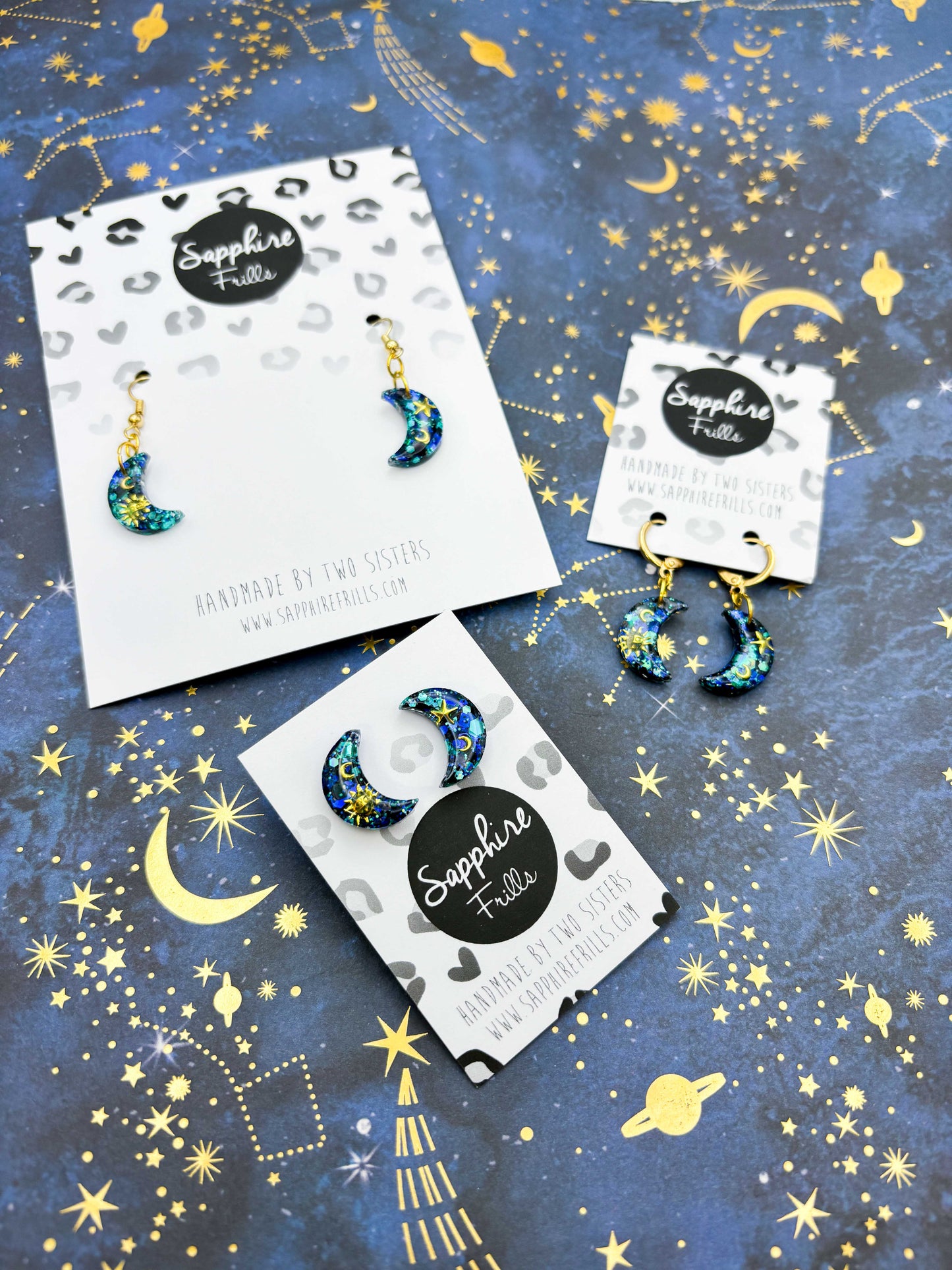 Medium Gold, Navy and Turquoise Glitter Sun and Moon Resin Earrings