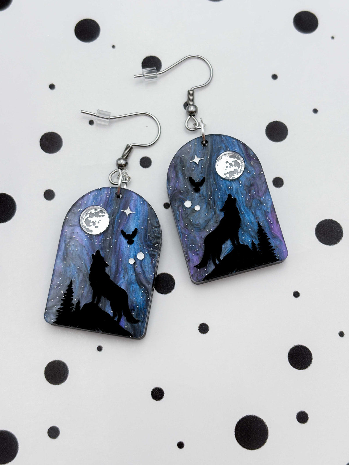 Large Wolf, Owl and Moon Night Sky Arch Dangle Earrings or Necklace – Hypoallergenic Stainless Steel