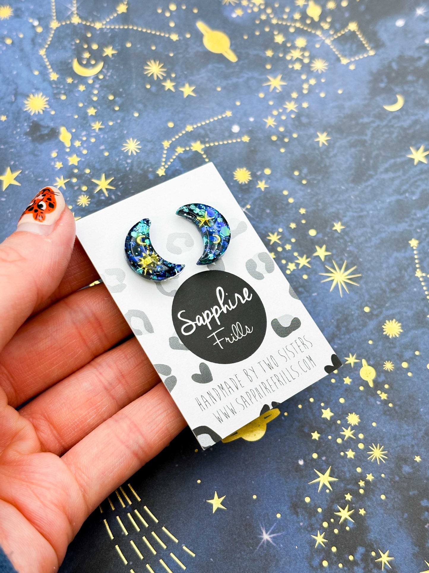 Medium Gold, Navy and Turquoise Glitter Sun and Moon Resin Earrings