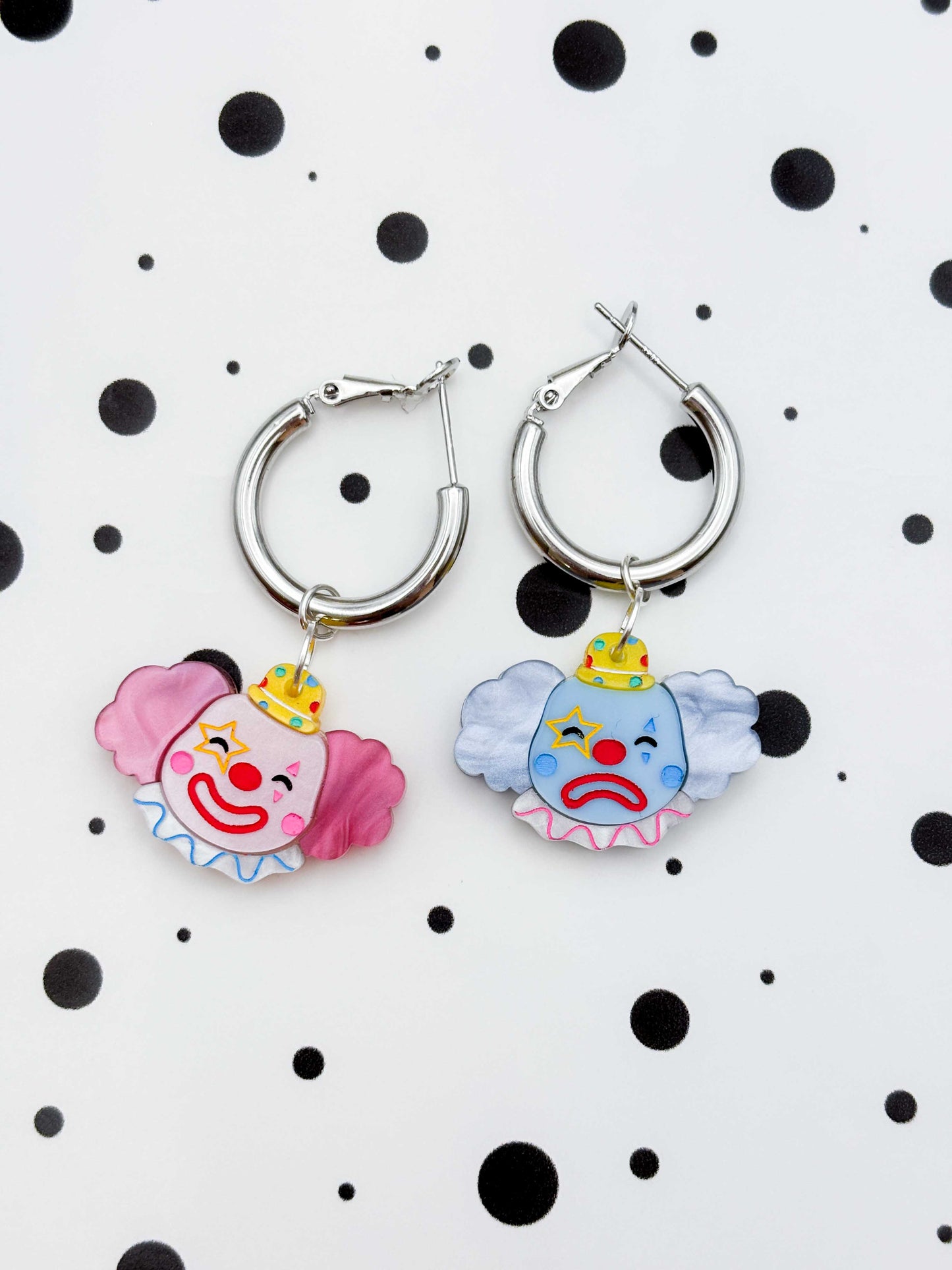 Large Happy and Blue, Pink and Blue Mismatch Clown Dangle Earrings