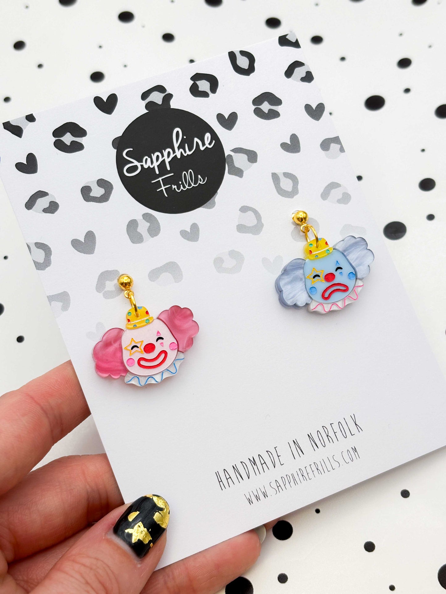 Large Happy and Blue, Pink and Blue Mismatch Clown Dangle Earrings