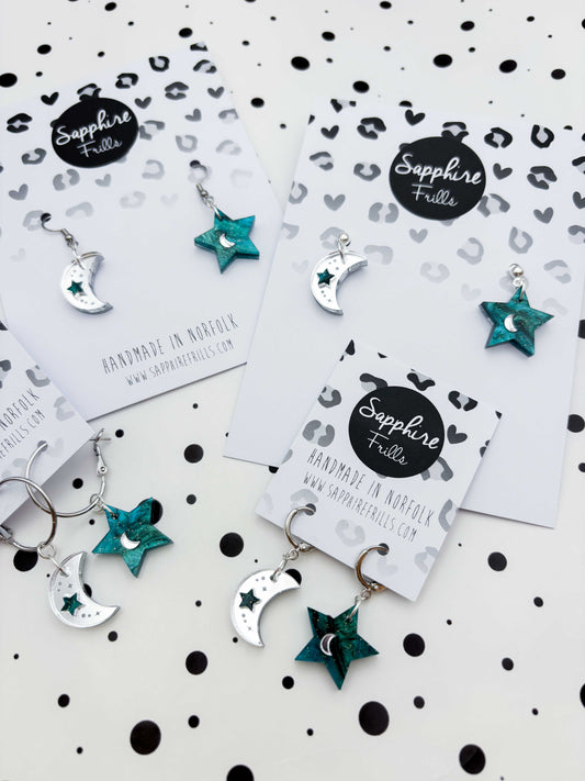 Medium Teal and Silver Glitter Mismatch Star and Moon Dangle Earrings or Necklace – Hypoallergenic Stainless Steel