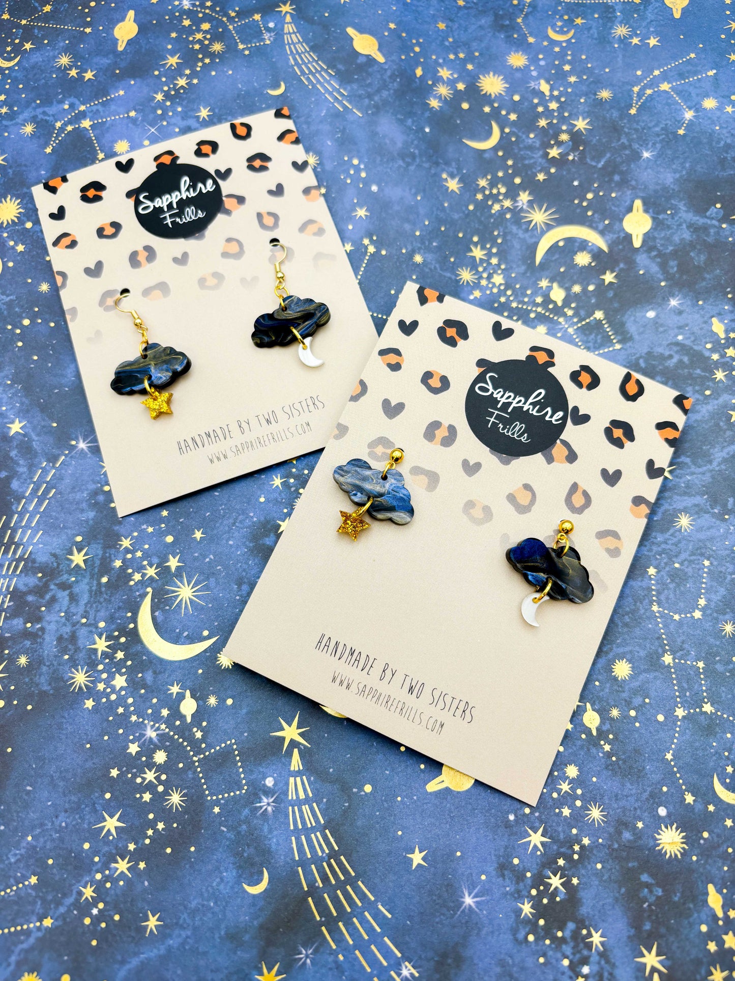 Navy Night Sky Marble and Gold Glitter Cloud, Moon & Star Dangle Earrings