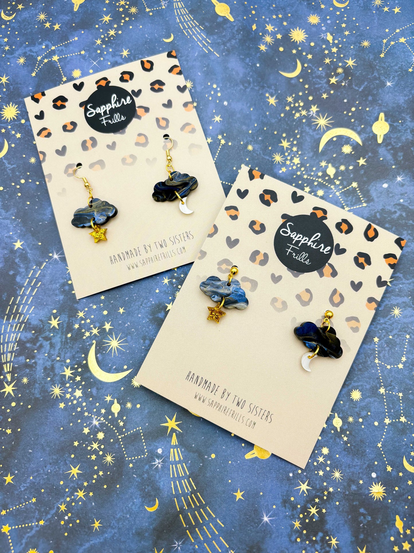 Navy Night Sky Marble and Gold Glitter Cloud, Moon & Star Dangle Earrings