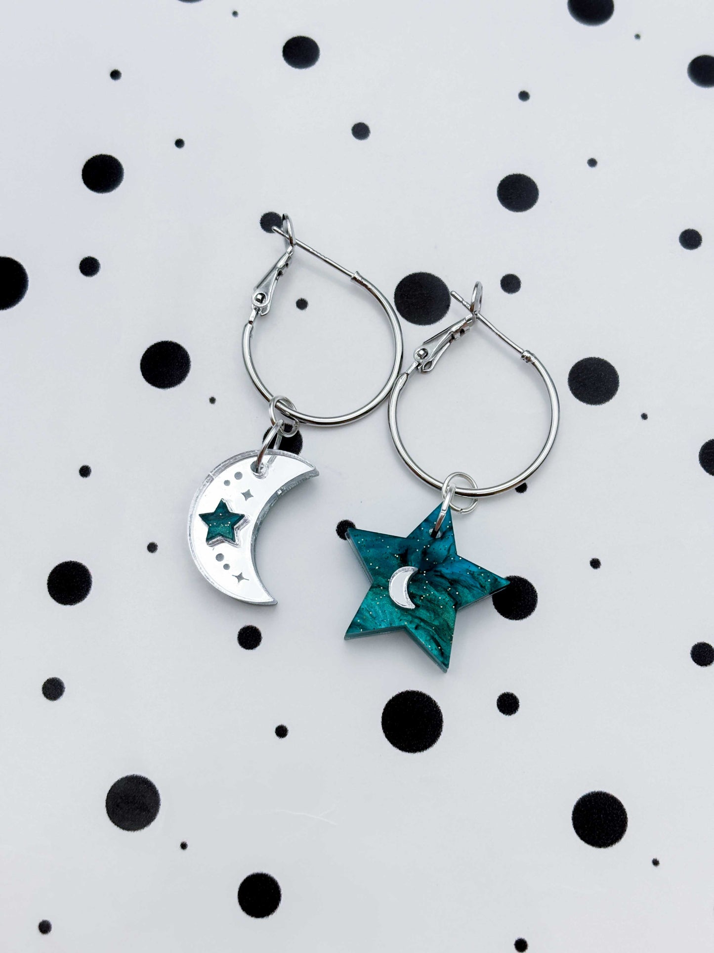 Medium Teal and Silver Glitter Mismatch Star and Moon Dangle Earrings