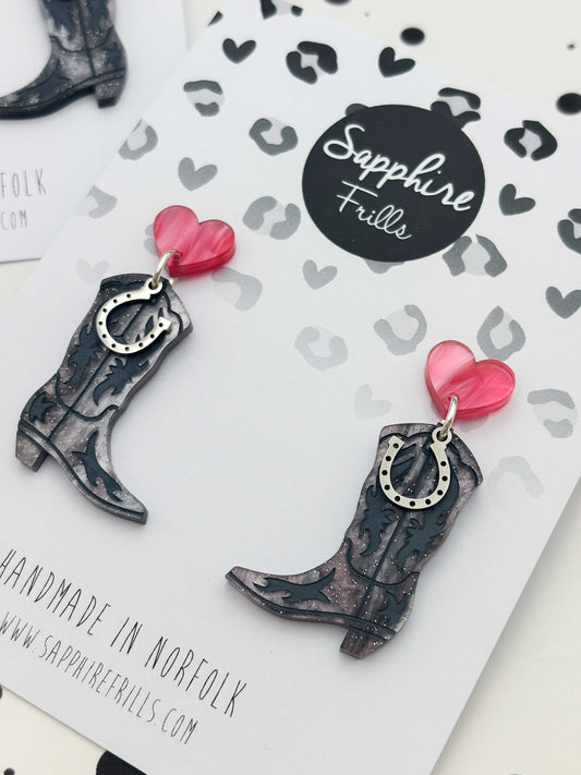Grey and Pink Glitter Marble Heart and Cowboy Boots Statement Dangle Earrings – Hypoallergenic Stainless Steel