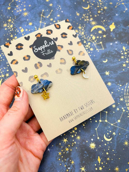 Navy Night Sky Marble and Gold Glitter Cloud, Moon & Star Dangle Earrings or Necklace – Hypoallergenic Stainless Steel