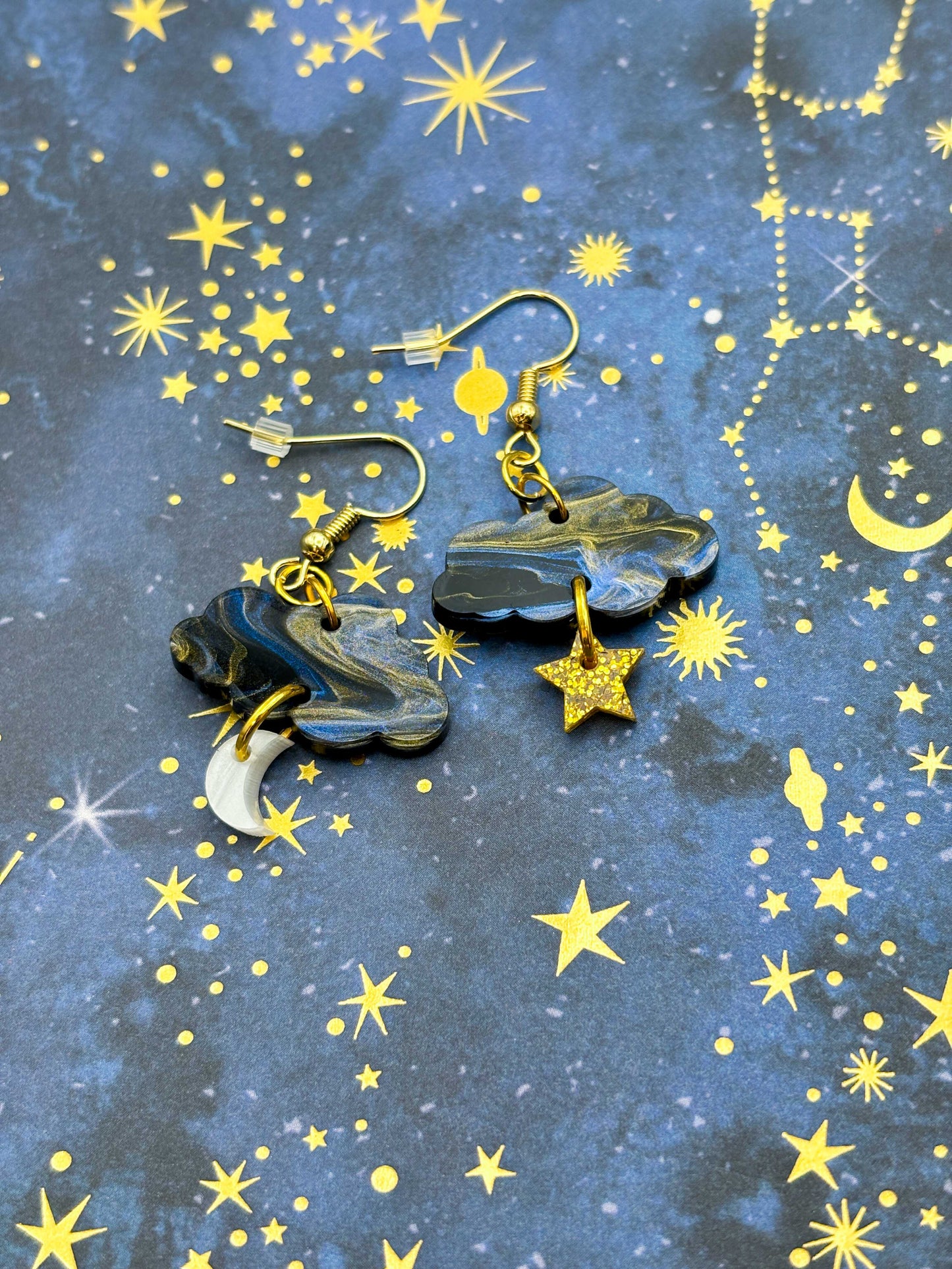 Navy Night Sky Marble and Gold Glitter Cloud, Moon & Star Dangle Earrings