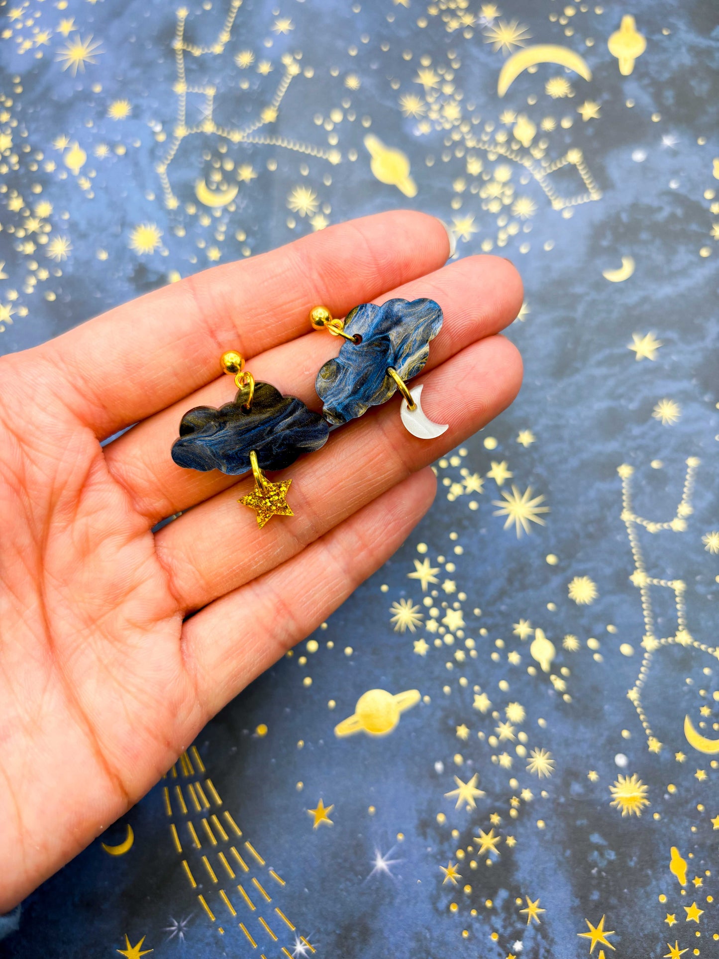 Navy Night Sky Marble and Gold Glitter Cloud, Moon & Star Dangle Earrings