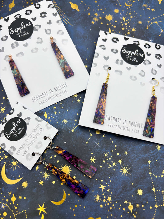 Large Purple, Blue, Turquoise and Copper Jungle Marble Ink Trapeze Dangle Earrings or Necklace – Hypoallergenic Stainless Steel